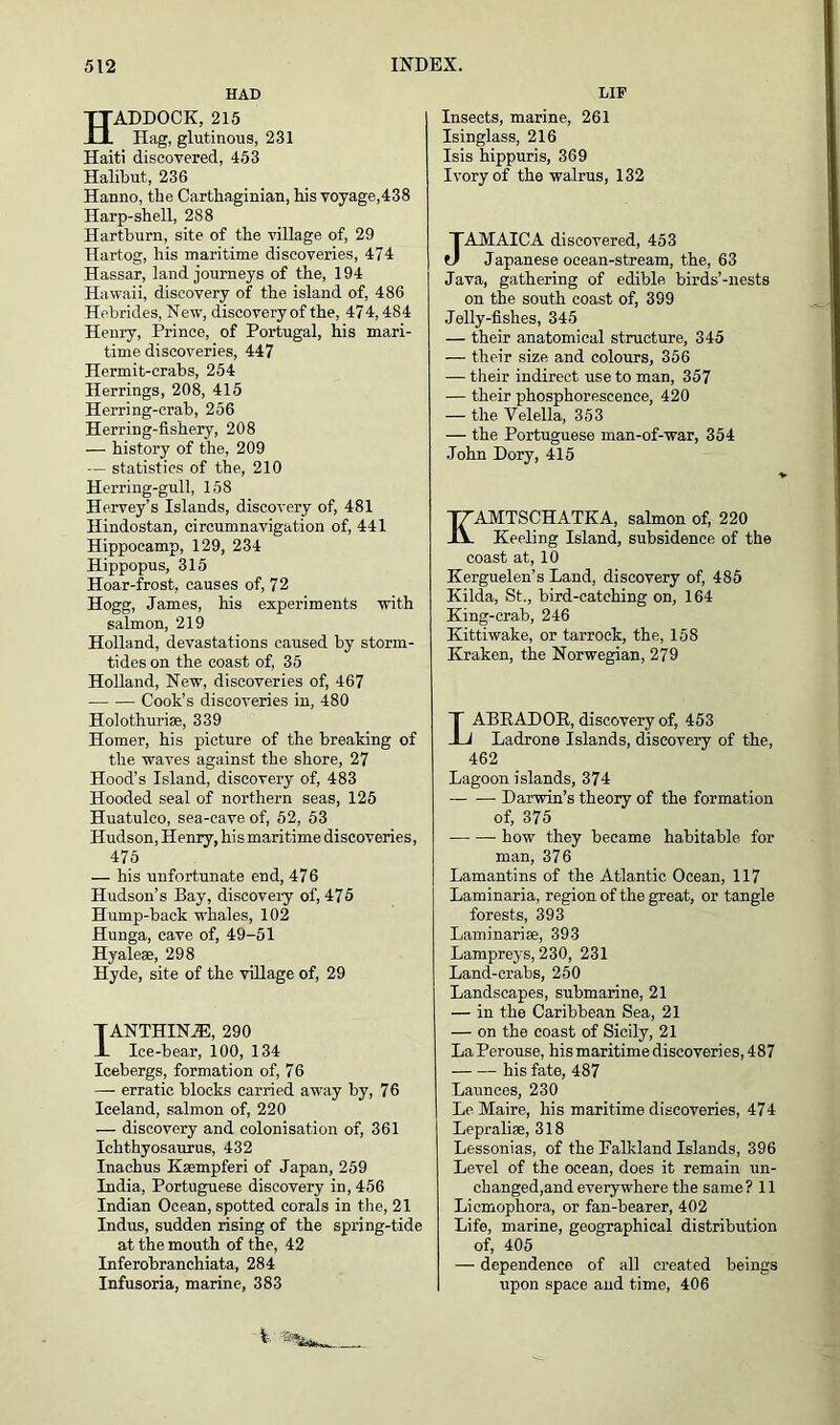 HAD Haddock, 215 Hag, glutinous, 231 Haiti discovered, 453 Halibut, 236 Hanno, the Carthaginian, his voyage,438 Harp-shell, 288 Hartburn, site of the village of, 29 Hartog, his maritime discoveries, 474 Hassar, land journeys of the, 194 Hawaii, discovery of the island of, 486 Hebrides, New, discovery of the, 47 4,484 Henry, Prince, of Portugal, his mari- time discoveries, 447 Hermit-crabs, 254 Herrings, 208, 415 Herring-crab, 256 Herring-fishery, 208 — history of the, 209 — statistics of the, 210 Herring-gull, 158 Hervey’s Islands, discovery of, 481 Hindostan, circumnavigation of, 441 Hippocamp, 129, 234 Hippopus, 315 Hoar-frost, causes of, 72 Hogg, James, his experiments with salmon, 219 Holland, devastations caused by storm- tides on the coast of, 35 Holland, New, discoveries of, 467 Cook’s discoveries in, 480 Holothurise, 339 Homer, his picture of the breaking of the waves against the shore, 27 Hood’s Island, discovery of, 483 Hooded seal of northern seas, 125 Huatulco, sea-cave of, 52, 53 Hudson, Henry, his maritime discoveries, 475 — his unfortunate end, 476 Hudson’s Bay, discovery of, 475 Hump-back u'hales, 102 Hunga, cave of, 49-51 Hyaleae, 298 Hyde, site of the village of, 29 IANTHIN7E, 290 Ice-bear, 100, 134 Icebergs, formation of, 76 — erratic blocks carried away by, 76 Iceland, salmon of, 220 — discovery and colonisation of, 361 Ichthyosaurus, 432 Inachus Ksempferi of Japan, 259 India, Portuguese discovery in, 456 Indian Ocean, spotted corals in the, 21 Indus, sudden rising of the spring-tide at the mouth of the, 42 Inferobranchiata, 284 Infusoria, marine, 383 LIF Insects, marine, 261 Isinglass, 216 Isis hippuris, 369 Ivory of the walrus, 132 JAMAICA discovered, 453 Japanese ocean-stream, the, 63 Java, gathering of edible birds’-nests on the south coast of, 399 Jelly-fishes, 345 — their anatomical structure, 345 — their size and colours, 356 — their indirect use to man, 357 — their phosphorescence, 420 — the Velella, 353 — the Portuguese man-of-war, 354 John Dory, 415 EAMTSCHATKA, salmon of, 220 Keeling Island, subsidence of the coast at, 10 Kerguelen’s Land, discovery of, 485 Kilda, St., bird-catching on, 164 King-crab, 246 Kittiwake, or tarrock, the, 158 Kraken, the Norwegian, 279 Labrador,, discovery of, 453 Ladrone Islands, discovery of the, 462 Lagoon islands, 374 — -— Darwin’s theory of the formation of, 375 how they became habitable for man, 376 Lamantins of the Atlantic Ocean, 117 Laminaria, region of the great, or tangle forests, 393 Laminarise, 393 Lampreys, 230, 231 Land-crabs, 250 Landscapes, submarine, 21 — in the Caribbean Sea, 21 — on the coast of Sicily, 21 La Perouse, his maritime discoveries, 487 his fate, 487 Launces, 230 Le Maire, his maritime discoveries, 474 Lepraliae, 318 Lessonias, of the Falkland Islands, 396 Level of the ocean, does it remain un- changed,and everywhere the same ? 11 Licmophora, or fan-bearer, 402 Life, marine, geographical distribution of, 405 — dependence of all created beings upon space and time, 406 i'