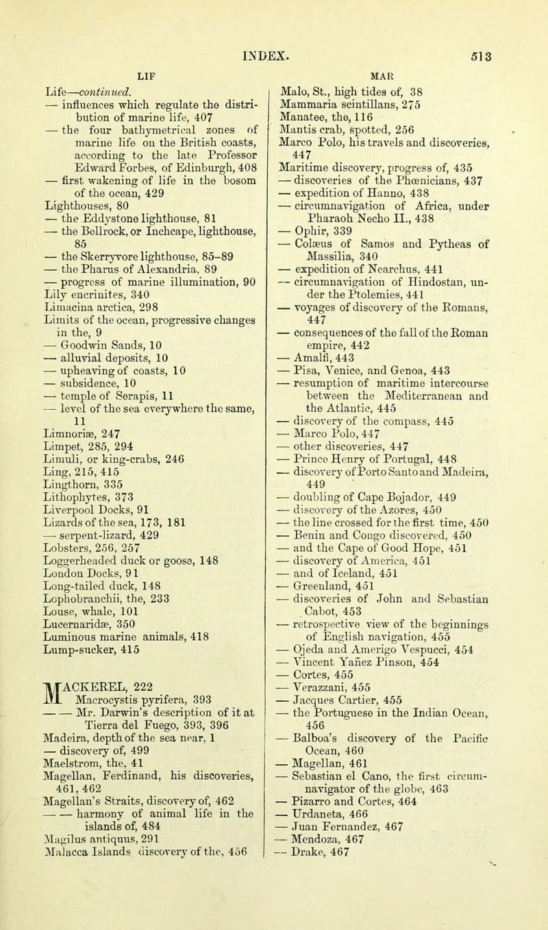 LIF Life—contin ued. — influences which regulate the distri- bution of marine life, 407 — the four bathymetrical zones of marine life on the British coasts, according to the late Professor Edward Forbes, of Edinburgh, 408 — first wakening of life in the bosom of the ocean, 429 Lighthouses, 80 — the Eddystone lighthouse, 81 — the Bellrock, or Inchcape, lighthouse, 85 — the Skerryvore lighthouse, 85-89 — the Pharus of Alexandria. 89 -— progress of marine illumination, 90 Lily encrinites, 340 Limacina aretiea, 298 Limits of the ocean, progressive changes in the, 9 — Goodwin Sands, 10 — alluvial deposits, 10 — upheaving of coasts, 10 — subsidence, 10 — temple of Serapis, 11 — level of the sea everywhere the same, 11 Limnorise, 247 Limpet, 285, 294 Liinuli, or king-crabs, 246 Ling, 215, 415 Lingthorn, 335 Lithophytes, 373 Liverpool Docks, 91 Lizards of the sea, 173, 181 — serpent-lizard, 429 Lobsters, 256, 257 Loggerheaded duck or goose, 148 London Docks, 91 Long-tailed duck, 148 Lophobrancliii, the, 233 Louse, whale, 101 Lucernaridse, 350 Luminous marine animals, 418 Lump-sucker, 415 Mackerel, 222 Macrocystis pyrifera, 393 Mr. Darwin’s description of it at Tierra del Fuego, 393, 396 Madeira, depth of the sea near, 1 — discovery of, 499 Maelstrom, the, 41 Magellan, Ferdinand, his discoveries, 461, 462 Magellan’s Straits, discovery of, 462 harmony of animal life in the islands of, 484 Magilus antiquus, 291 Malacca Islands discovery of the, 456 MAR Malo, St., high tides of, 38 Mammaria scintillans, 275 Manatee, the, 116 Mantis crab, spotted, 256 Marco Polo, his travels and discoveries, 447 Maritime discovery, progress of, 435 — discoveries of the Phoenicians, 437 — expedition of Hanno, 438 — circumnavigation of Africa, under Pharaoh Necho II., 438 — Ophir, 339 — Colseus of Samos and Pytheas of Massilia, 340 — expedition of Nearehus, 441 — circumnavigation of Hindostan, un- der the Ptolemies, 441 — voyages of discovery of the Romans, 447 — consequences of the fall of the Roman empire, 442 — Amalfi, 443 — Pisa, Venice, and Genoa, 443 — resumption of maritime intercourse between the Mediterranean and the Atlantic, 445 — discovery of the compass, 445 — Marco Polo, 447 — other discoveries, 447 — Princo Henry of Portugal, 448 — discovery of Porto Santo and Madeira, 449 -— doubling of Cape Bojador, 449 — discovery of the Azores, 450 — the line crossed for the first time, 450 — Benin and Congo discovered, 450 — and the Cape of Good Hope, 451 — discovery of America, 451 — and of Iceland, 451 — Greenland, 451 — discoveries of John and Sebastian Cabot, 453 — retrospective view of the beginnings of English navigation, 455 — Ojeda and Amerigo Vespucci, 454 — Vincent Yanez Pinson, 454 — Cortes, 455 — Verazzani, 455 — Jacques Cartier, 455 — the Portuguese in the Indian Ocean, 456 — Balboa’s discovery of the Pacific Ocean, 460 — Magellan, 461 — Sebastian el Cano, the first circum- navigator of the globe, 463 — Pizarro and Cortes, 464 — Urdaneta, 466 — Juan Fernandez, 467 — Mendoza, 467 — Drake, 467