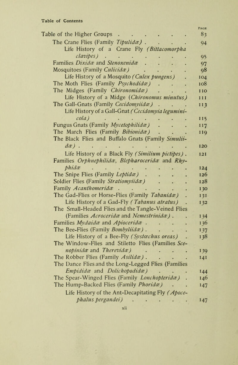 page Table of the Higher Groups 83 The Crane Flies (Family Tipulidce) .... 94 Life History of a Crane Fly (Bittacomorpha clavipes) 95 Families Dixidce and Stenoxenidce .... 97 Mosquitoes (Family Culicidce) .... 98 Life History of a Mosquito (Culex pungens) . 104 The Moth Flies (Family Psychodidce) . . . 108 The Midges (Family Chironomidce) . . . 110 Life History of a Midge (Chironotnus minutus) 111 The Gall-Gnats (Family Cecidomyiidce) . . . 113 Life History of a Gall-Gnat (Cecidomyia legumini- cola) . 115 Fungus Gnats (Family Mycetophilidce) . . . 117 The March Flies (Family Bibionidce) . . . 119 The Black Flies and Buffalo Gnats (Family Simulii- dce) 120 Life History of a Black Fly (Similium pictipes) . 121 Families Orphnephilidce, Blepharoceridcc and Rhy- phidce 124 The Snipe Flies (Family Leptidce) . . . . 126 Soldier Flies (Family Stratiomyiidce) . . . 128 Family Acanthomeridce 130 The Gad-Flies or Horse-Flies (Family Tabanidce) . 131 Life History of a Gad-Fly (Tabanus atratus) . 132 The Small-Headed Flies and the Tangle-Veined Flies (Families Acroceridce and Nemestrinidce) . . 134 Families Mydaidce and Apioceridce . . . . 136 The Bee-Flies (Family Bombyliidce) . . . . 137 Life History of a Bee-Fly (Systcechus oreas) . 138 The Window-Flies and Stiletto Flies (Families Sce- nopinidce and Therevidce) . . . . 139 The Robber Flies (Family Asilidce). . . . 141 The Dance Flies and the Long-Legged Flies (Families Empididce and Dolichopodidce) . . . 144 The Spear-Winged Flies (Family Lonchopteridce) . 146 The Hump-Backed Flies (Family Phoridce) . . 147 Life History of the Ant-Decapitating Fly (Apoce- phalus pergandei) 147