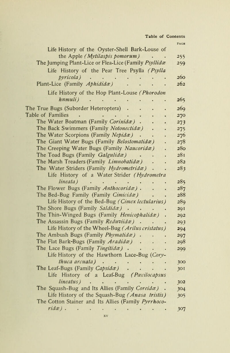 PAGE Life History of the Oyster-Shell Bark-Louse of the Apple (Mytilaspis pomorum) . . 255 The Jumping Plant-Lice or Flea-Lice (Family Psyllidce 259 Life History of the Pear Tree Psylla (Psylla pyricola) 260 Plant-Lice (Family Aphididce) .... 262 Life History of the Hop Plant-Louse (Phorodon hnmuli) 265 The True Bugs (Suborder Heteroptera) .... 269 Table of Families . 270 The Water Boatman (Family Corixidce) . . . 273 The Back Swimmers (Family Notonectidce) . . 275 The Water Scorpions (Family Nepidce) . . . 276 The Giant Water Bugs (Family Belostomatidce) . 278 The Creeping Water Bugs (Family Naucoridce) . 280 The Toad Bugs (Family Galgulidce) . . . 281 The Marsh Treaders (Family Limnobatidce) . . 282 The Water Striders (Family Hydrometridce) . . 283 Life History of a Water Strider (Hydrometra lineata) 285 The Flower Bugs (Family Anthocoridce) . . . 287 The Bed-Bug Family (Family Cimicidce) . . 288 Life History of the Bed-Bug (Cimex lectularius) 289 The Shore Bugs (Family Saldidce) . . . . 291 The Thin-Winged Bugs (Family Henicophalidce) . 292 The Assassin Bugs (Family Reduviidce) . . . 293 Life History of the Wheel-Bug (Arilus cristatus) 294 The Ambush Bugs (Family Phymatidce) . . . 297 The Flat Bark-Bugs (Family Aradidce) . . . 298 The Lace Bugs (Family Tingitidce) .... 299 Life History of the Hawthorn Lace-Bug (Cory- thuca arcuaia) 300 The Leaf-Bugs (Family Capsidce) . . . . 301 Life History of a Leaf-Bug (Poecilocapsus lineatus) 302 The Squash-Bug and Its Allies (Family Coreidce) . 304 Life History of the Squash-Bug (Anasa tristis) 305 The Cotton Stainer and Its Allies (Family Pyrrhoco- ridce) 307