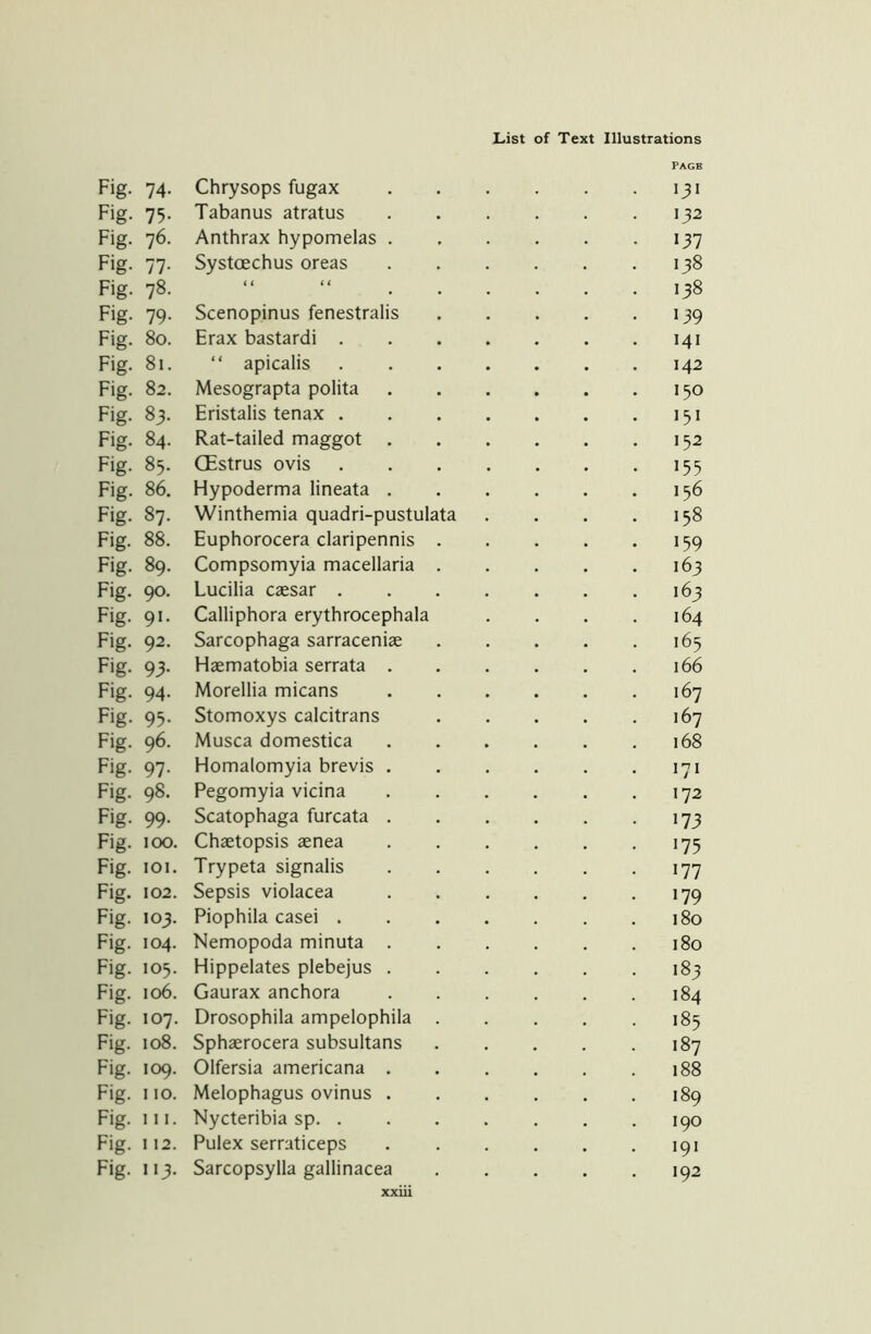 Page Fig. 74. Chrysops fugax 131 Fig- 75- Tabanus atratus 132 Fig. 76. Anthrax hypomelas 137 Fig. 77. Systcechus oreas 138 Fig. 78- “ “ 138 Fig. 79. Scenopinus fenestralis 139 Fig. 80. Erax bastardi 141 Fig. 81. “ apicalis 142 Fig. 82. Mesograpta polita 150 Fig. 83. Eristalis tenax 151 Fig. 84. Rat-tailed maggot 152 Fig. 85. CEstrus ovis 155 Fig. 86. Hypoderma lineata 156 Fig. 87. Winthemia quadri-pustulata . . . .158 Fig. 88. Euphorocera claripennis 159 Fig. 89. Compsomyia macellaria 163 Fig. 90. Lucilia caesar 163 Fig. 91. Calliphora erythrocephala . . . .164 Fig. 92. Sarcophaga sarraceniae 165 Fig. 93. Haematobia serrata 166 Fig. 94. Morellia micans 167 Fig. 95. Stomoxys calcitrans 167 Fig. 96. Musca domestica 168 Fig. 97. Homalomyia brevis 171 Fig. 98. Pegomyia vicina 172 Fig. 99. Scatophaga furcata 173 Fig. 100. Chaetopsis aenea 175 Fig. 101. Trypeta signalis 177 Fig. 102. Sepsis violacea 179 Fig. 103. Piophila casei 180 Fig. 104. Nemopoda minuta 180 Fig. 105. Hippelates plebejus 183 Fig. 106. Gaurax anchora 184 Fig. 107. Drosophila ampelophila . . . .185 Fig. 108. Sphaerocera subsultans 187 Fig. 109. Olfersia americana 188 Fig. 110. Melophagus ovinus 189 Fig. 111. Nycteribia sp 190 Fig. 112. Pulex serraticeps 191 Fig. 113. Sarcopsylla gallinacea 192