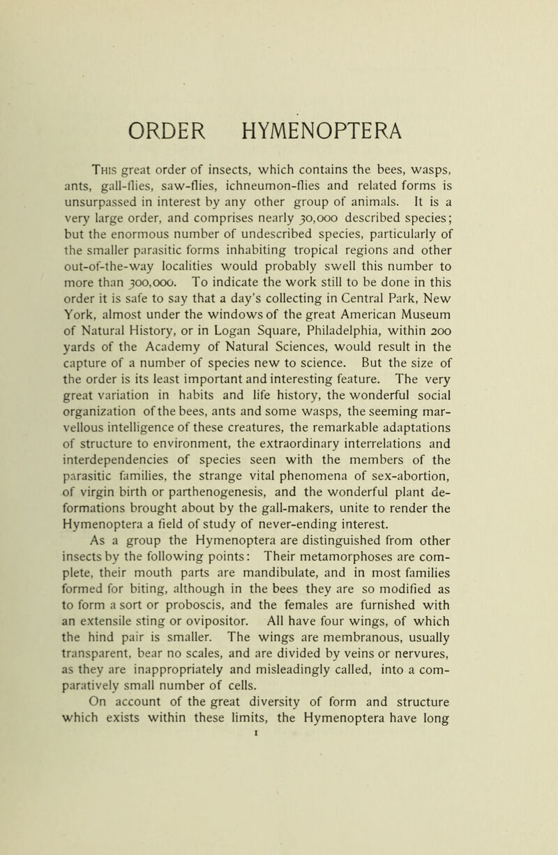 ORDER HYMENOPTERA This great order of insects, which contains the bees, wasps, ants, gall-flies, saw-flies, ichneumon-flies and related forms is unsurpassed in interest by any other group of animals. It is a very large order, and comprises nearly 30,000 described species; but the enormous number of undescribed species, particularly of the smaller parasitic forms inhabiting tropical regions and other out-of-the-way localities would probably swell this number to more than 300,000. To indicate the work still to be done in this order it is safe to say that a day’s collecting in Central Park, New York, almost under the windows of the great American Museum of Natural History, or in Logan Square, Philadelphia, within 200 yards of the Academy of Natural Sciences, would result in the capture of a number of species new to science. But the size of the order is its least important and interesting feature. The very great variation in habits and life history, the wonderful social organization of the bees, ants and some wasps, the seeming mar- vellous intelligence of these creatures, the remarkable adaptations of structure to environment, the extraordinary interrelations and interdependencies of species seen with the members of the parasitic families, the strange vital phenomena of sex-abortion, of virgin birth or parthenogenesis, and the wonderful plant de- formations brought about by the gall-makers, unite to render the Hymenoptera a field of study of never-ending interest. As a group the Hymenoptera are distinguished from other insects by the following points: Their metamorphoses are com- plete, their mouth parts are mandibulate, and in most families formed for biting, although in the bees they are so modified as to form a sort or proboscis, and the females are furnished with an extensile sting or ovipositor. All have four wings, of which the hind pair is smaller. The wings are membranous, usually transparent, bear no scales, and are divided by veins or nervures, as they are inappropriately and misleadingly called, into a com- paratively small number of cells. On account of the great diversity of form and structure which exists within these limits, the Hymenoptera have long