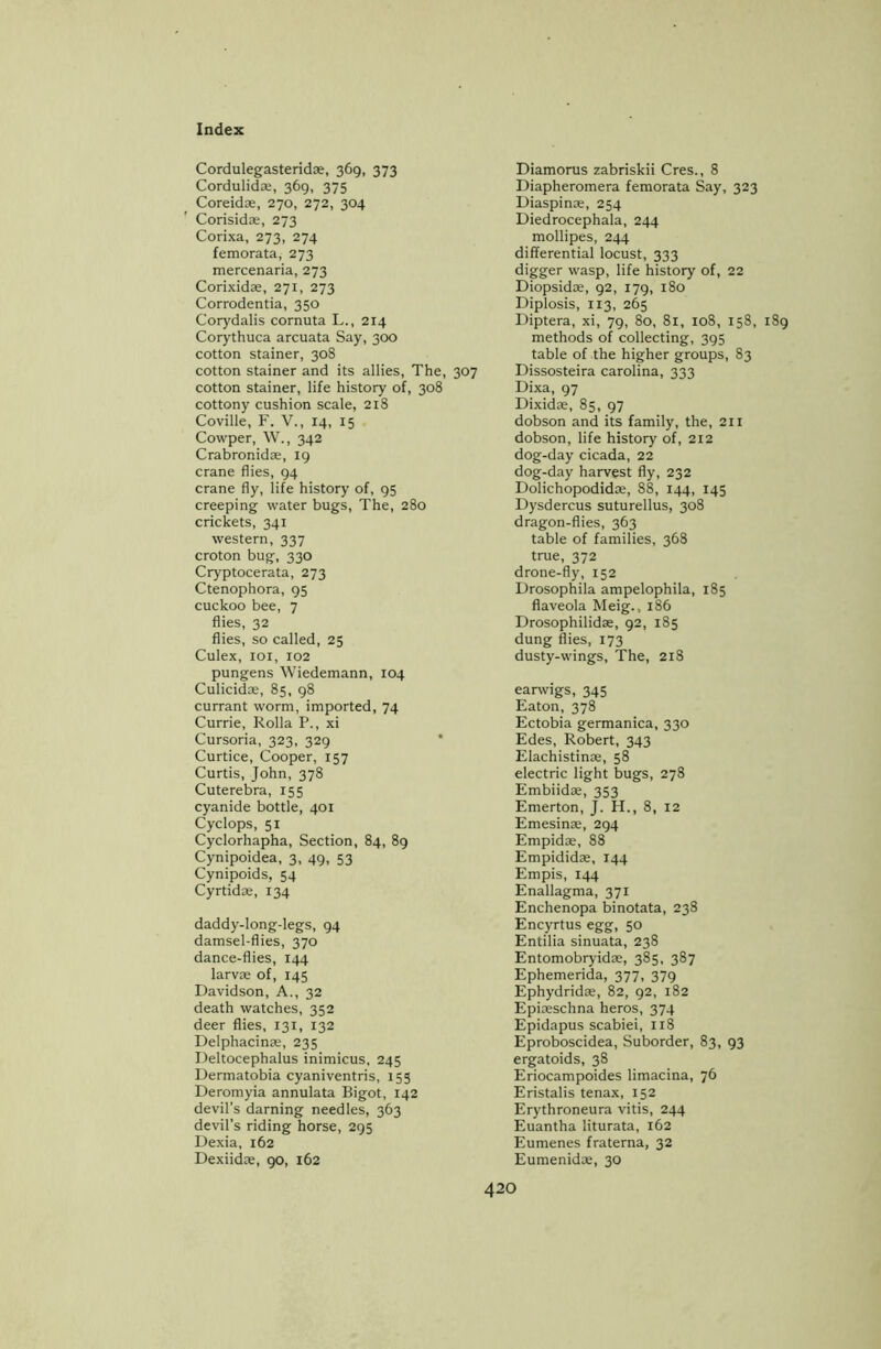 Cordulegasteridae, 369, 373 Cordulidae, 369, 375 Coreidae, 270, 272, 304 Corisidae, 273 Corixa, 273, 274 femorata, 273 mercenaria, 273 Corixidae, 271, 273 Corrodentia, 350 Corydalis cornuta L., 214 Corythuca arcuata Say, 300 cotton Stainer, 308 cotton Stainer and its allies, The, 307 cotton Stainer, life history of, 308 cottony cushion scale, 218 Coville, F. V., 14, 15 Cowper, W., 342 Crabronidae, 19 crane flies, 94 crane fly, life history of, 95 creeping water bugs, The, 280 crickets, 341 western, 337 croton bug, 330 Cryptocerata, 273 Ctenophora, 95 cuckoo bee, 7 flies, 32 flies, so called, 25 Culex, 101, 102 pungens Wiedemann, 104 Culicidae, 85, 98 currant worm, imported, 74 Currie, Rolla P., xi Cursoria, 323, 329 Curtice, Cooper, 157 Curtis, John, 378 Cuterebra, 155 cyanide bottle, 401 Cyclops, 51 Cyclorhapha, Section, 84, 89 Cynipoidea, 3, 49, 53 Cynipoids, 54 Cyrtidae, 134 daddy-long-legs, 94 damsel-flies, 370 dance-flies, 144 larvae of, 145 Davidson, A., 32 death watches, 352 deer flies, 131, 132 Delphacinae, 235 Deltocephalus inimicus, 245 Dermatobia cyaniventris, 153 Deromyia annulata Bigot, 142 devil’s darning needles, 363 devil’s riding horse, 295 Dexia, 162 Dexiidae, 90, 162 Diamorus zabriskii Cres., 8 Diapheromera femorata Say, 323 Diaspinae, 254 Diedrocephala, 244 mollipes, 244 differential locust, 333 digger wasp, life history of, 22 Diopsidoe, 92, 179, 180 Diplosis, 113, 265 Diptera, xi, 79, 80, 81, 108, 158, 189 methods of collecting, 395 table of the higher groups, 83 Dissosteira Carolina, 333 Dixa, 97 Dixidae, 85, 97 dobson and its family, the, 211 dobson, life history of, 212 dog-day cicada, 22 dog-day harvest fly, 232 Dolichopodidce, 88, 144, 145 Dysdercus suturellus, 308 dragon-flies, 363 table of families, 368 true, 372 drone-fly, 152 Drosophila ampelophila, 185 flaveola Meig., 186 Drosophilidae, 92, 185 dung flies, 173 dusty-wings, The, 218 earwigs, 345 Eaton, 378 Ectobia germanica, 330 Edes, Robert, 343 Elachistinae, 58 electric light bugs, 278 Embiidae, 353 Emerton, J. H., 8, 12 Emesinae, 294 Empidae, 88 Empididae, 144 Empis, 144 Enallagma, 371 Enchenopa binotata, 238 Encyrtus egg, 50 Entilia sinuata, 238 Entomobryidae, 385, 387 Ephemerida, 377, 379 Ephydridae, 82, 92, 182 Epiaeschna heros, 374 Epidapus scabiei, 118 Eproboscidea, Suborder, 83, 93 ergatoids, 38 Eriocampoides limacina, 76 Eristalis tenax, 152 Erythroneura vitis, 244 Euantha liturata, 162 Eumenes fraterna, 32 Eumenidae, 30