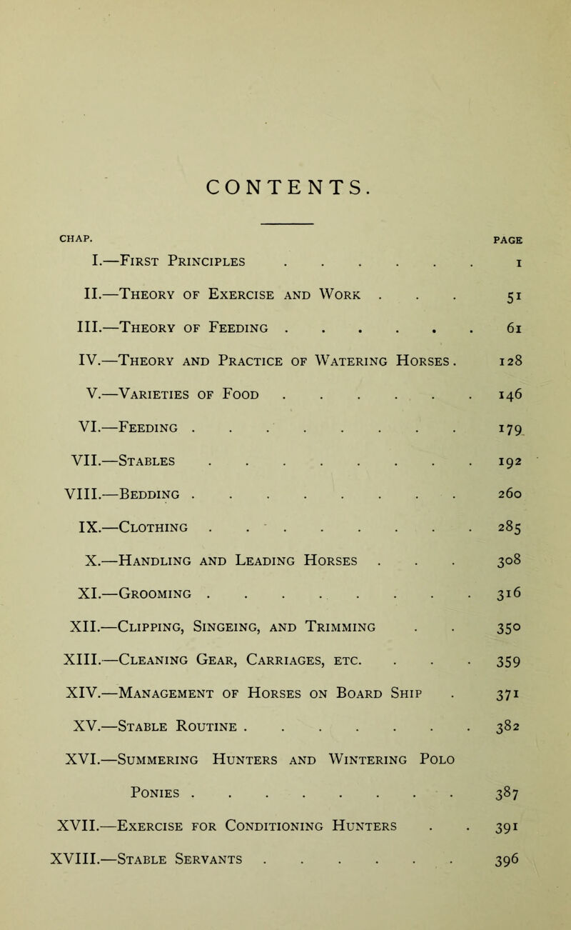 CONTENTS. CHAP. PAGE I.—First Principles i II.—Theory of Exercise and Work . . . 51 III. —Theory of Feeding 61 IV. —Theory and Practice of Watering Horses. 128 V.—Varieties of Food 146 VI.—Feeding . . . 179 VII.—Stables 192 VIII.—Bedding 260 IX.—Clothing 285 X.—Handling and Leading Horses . . . 308 XI.—Grooming 316 XII.—Clipping, Singeing, and Trimming . . 350 XIII. —Cleaning Gear, Carriages, etc. . . . 359 XIV. —Management of Horses on Board Ship . 371 XV.—Stable Routine 382 XVI.—Summering Hunters and Wintering Polo Ponies 387 XVII.—Exercise for Conditioning Hunters . . 391 XVIII.—Stable Servants 396