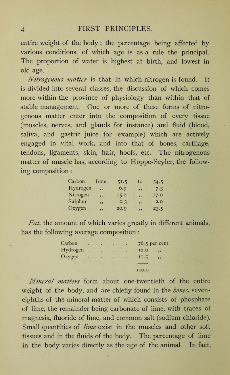 entire weight of the body; the percentage being affected by various conditions, of which age is as a rule the principal. The proportion of water is highest at birth, and lowest in old age. Nitrogenous matter is that in which nitrogen is found. It is divided into several classes, the discussion of which comes more within the province of physiology than within that of stable management. One or more of these forms of nitro- genous matter enter into the composition of every tissue (muscles, nerves, and glands for instance) and fluid (blood, saliva, and gastric juice for example) which are actively engaged in vital work, and into that of bones, cartilage, tendons, ligaments, skin, hair, hoofs, etc. The nitrogenous matter of muscle has, according to Hoppe-Seyler, the follow- ing composition: Carbon from SI-S to 54.5 Hydrogen 5 5 6.9 ,, 7-3 Nitrogen 5 > IS.2 ,, 17.0 Sulphur > 5 o-3 „ 2.0 Oxygen 5 J 20.9 » 23-5 Fat, the amount of which varies greatly in different animals, has the following average composition : Carbon . . . . 76.5 per cent. Hydrogen .... 12.0 ,, Oxygen . . . . 11.5 ,, 100.0 Mineral matters form about one-twentieth of the entire weight of the body, and are chiefly found in the bones, seven- eighths of the mineral matter of which consists of phosphate of lime, the remainder being carbonate of lime, with traces of magnesia, fluoride of lime, and common salt (sodium chloride). Small quantities of lime exist in the muscles and other soft tissues and in the fluids of the body. The percentage of lime in the body varies directly as the age of the animal. In fact,
