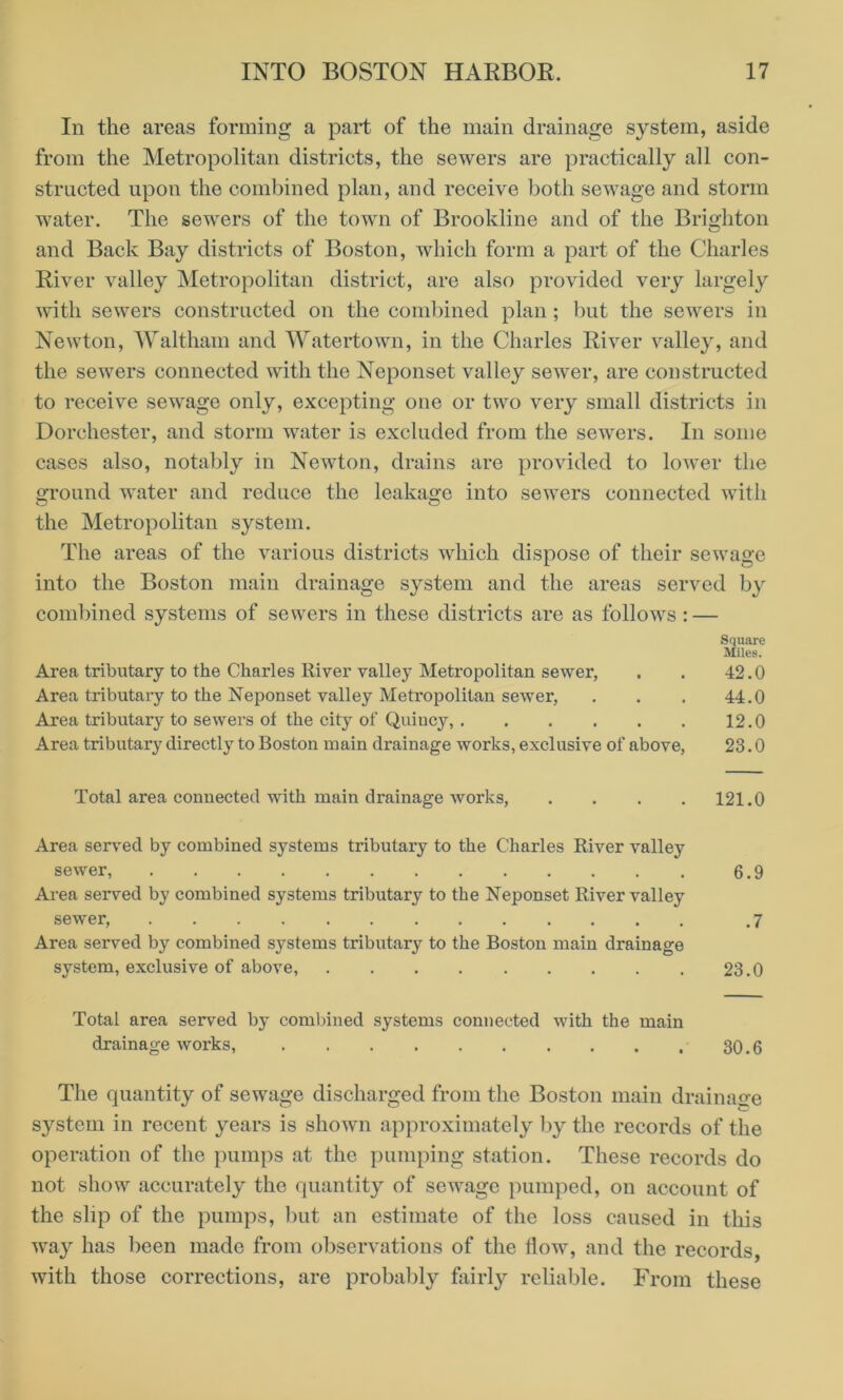 In the areas forming a part of the main drainage system, aside from the Metropolitan districts, the sewers are practically all con- structed upon the combined plan, and receive both sewage and storm water. The sewers of the town of Brookline and of the Brighton and Back Bay districts of Boston, which form a part of the Charles River valley Metropolitan district, are also provided very largely with sewers constructed on the combined plan; but the sewers in Newton, Waltham and Watertown, in the Charles River valley, and the sewers connected with the Neponset valley sewer, are constructed to receive sewage only, excepting one or two very small districts in Dorchester, and storm water is excluded from the sewers. In some cases also, notably in Newton, drains are provided to lower the ground water and reduce the leakage into sewers connected with the Metropolitan system. The areas of the various districts which dispose of their sewage into the Boston main drainage system and the areas served by combined systems of sewers in these districts are as follows : — Square Miles. Area tributary to the Charles River valley Metropolitan sewer, . . 42.0 Area tributai’y to the Neponset valley Metropolitan sewer, . . . 44.0 Area tributary to sewers of the city of Quincy, 12.0 Area tributary directly to Boston main drainage works, exclusive of above, 23.0 Total area connected with main drainage works, .... 121.0 Area served by combined systems tributary to the Charles River valley sewer, 6.9 Area served by combined systems tributary to the Neponset River valley sewer, .7 Area served by combined systems tributary to the Boston main drainage system, exclusive of above, 23.0 Total area served by combined systems connected with the main drainage works, 30.6 The quantity of sewage discharged from the Boston main drainage system in recent years is shown approximately by the records of the operation of the pumps at the pumping station. These records do not show accurately the quantity of sewage pumped, on account of the slip of the pumps, but an estimate of the loss caused in this way has been made from observations of the flow, and the records, with those corrections, are probably fairly reliable. From these