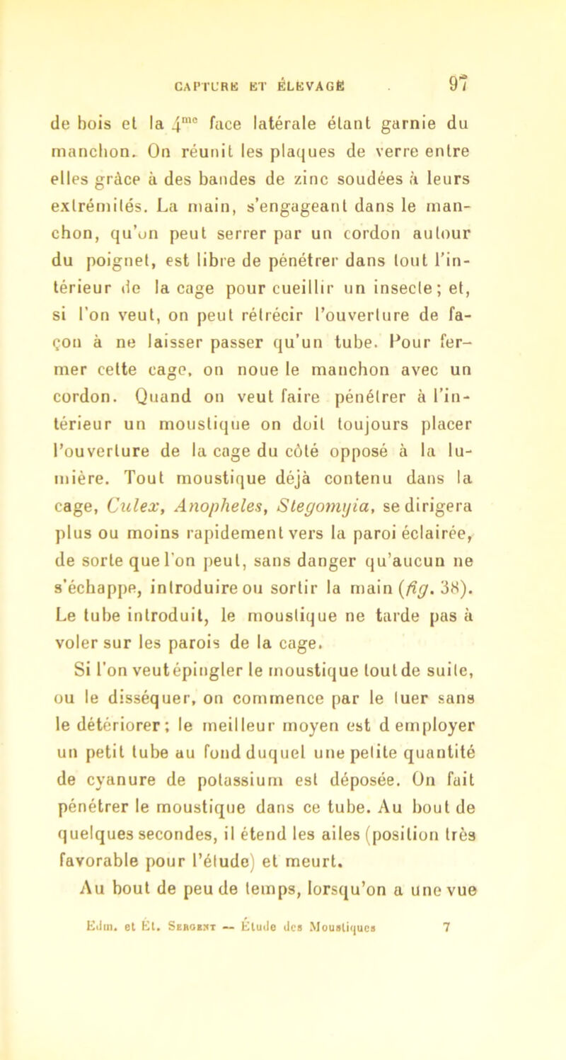 de bois et la 4”’° face latérale étant garnie du manchon. On réunit les plaques de verre entre elles grâce à des bandes de zinc soudées à leurs extrémités. La main, s’engageant dans le man- chon, qu’un peut serrer par un cordon autour du poignet, est libre de pénétrer dans tout l’in- térieur de la cage pour cueillir un insecte; et, si l’on veut, on peut rétrécir l’ouverture de fa- çon à ne laisser passer qu’un tube. Pour fer- mer cette cage, on noue le manchon avec un cordon. Quand on veut faire pénétrer à l’in- térieur un moustique on doit toujours placer l’ouverture de la cage du côté opposé à la lu- mière. Tout moustique déjà contenu dans la cage, Culex, Anopheles, Stegomijia, se dirigera plus ou moins rapidement vers la paroi éclairée, de sorte que l’on peut, sans danger qu’aucun ne s’échappe, introduire ou sortir la main (/î^. 3tt). Le tube introduit, le moustique ne tarde pas à voler sur les parois de la cage. Si l’on veutépingler le moustique toutde suite, ou le disséquer, on commence par le tuer sans le détériorer; le meilleur moyen est d employer un petit tube au fond duquel une petite quantité de cyanure de potassium est déposée. On fait pénétrer le moustique dans ce tube. Au bout de quelques secondes, il étend les ailes (position très favorable pour l’élude) et meurt. Au bout de peu de temps, lorsqu’on a une vue