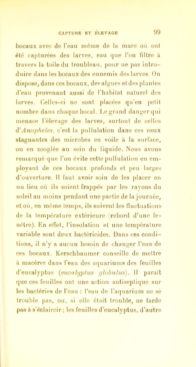 bocaux avec de l’eau même de la mare où oui été capturées des larves, eau que l’on filtre à travers la toile du troubleau, pour ne pas intro- duire dans les bocaux des ennemis des larves. Un dispose, dans ces bocaux, des algues et des plantes d’eau provenant aussi de l’habitat naturel des larves. Celles-ci ne sont placées qu’en petit nombre dans chaque bocal. Legrand danger qui menace l’élevage des larves, surtout de celles à'Anopheles, c’est la pullulation dans ces eaux stagnantes des microbes en voile à la surface, ou en zoogiée au sein du liquide. Nous avons remarqué que l’on évite cette pullulation en em- ployant de ces bocaux profonds et peu larges d’ouverture. 11 faut avoir soin de les placer en un lieu où ils soient frappés par les ra}ons du soleil au moins pendant une partie de la journée, et où, en même temps, ils suivent les fluctuations de la température extérieure (rebord d’une fe- nêtre). En etîet, l’insolation et une température variable sont deux bactéricides. Dans ces condi- tions, il n’y a aucun besoin de changer l’eau de ces bocaux. Kerschbaumer conseille de mettre à macérer dans l’eau des aquariums des feuilles d'eucalyptus (eucnlijptus rjlobulus). Il paraît que ces feuilles ont une action antiseptique sur les bactéries de l’eau : l’eau de l’aquarium ne se trouble pas, ou, si elle était trouble, ne tarde pas à s’éclaircir ; les feuilles d’eucalyptus, d’autre