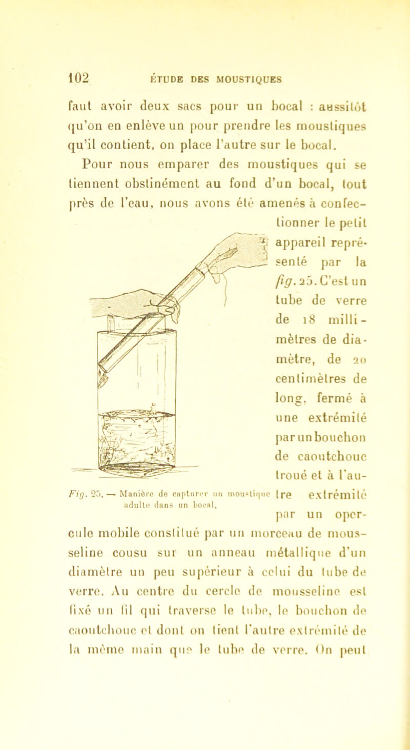 faut avoir deux sacs pour un bocal ; aussitôt ([u’on en enlève un pour prendre les moustiques qu’il contient, on place l’autre sur le bocal. Pour nous emparer des moustiques qui se tiennent obstinément au fond d’un bocal, tout près de l’eau, nous avons été amenés à confec- tionner le petit appareil repré- senté par la pg. 25. C’est un tube de verre de i8 milli- mètres de dia- mètre, de 20 centimètres de Ions, fermé à une extrémité parunboucbon de caoutcbouc troué et à Tau- /''rVy, 25. — Manière de caplur«‘r un mou«liqne | pç OXtrcniilO adulte dans un booal. par un opor- cille mobile constitué par un morceau de mous- seline cousu sur un anneau métallique d’un diamètre un peu supérieur à celui du tube de verre. Au centre du cercle de mousseline est lixé un III qui traverse le tube, le bouchon de caoutcbouc et dont on lient l’autre extrémité de la mémo main que le tube de verre. On peut