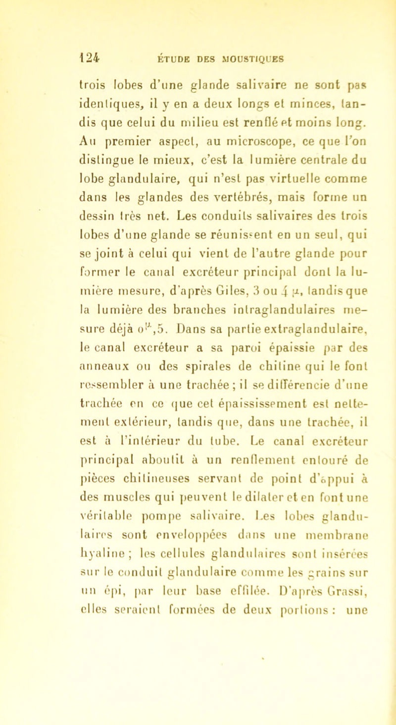 trois lobes d’une glande salivaire ne sont pas identiques, il y en a deux longs et minces, tan- dis que celui du milieu est renflé et moins long. Au premier aspect, au microscope, ce que Ton distingue le mieux, c’est la lumière centrale du lobe glandulaire, qui n’est pas virtuelle comme dans les glandes des vertébrés, mais forme un dessin très net. Les conduits salivaires des trois lobes d’une glande se réunissent en un seul, qui se joint à celui qui vient de l’autre glande pour former le canal excréteur principal dont la lu- mière mesure, d’après Giles, .1 ou i a, tandis que la lumière des brandies intraglandulaires me- sure déjà o‘^',5. Dans sa partie extraglandulaire, le canal excréteur a sa paroi épaissie par des anneaux ou des spirales de chitine qui le font ressembler à une trachée; il se dilTérencie d’une trachée on ce (|ue cet épaississement est nette- ment extérieur, tandis que, dans une trachée, il est à l’intérieur du tube. Le canal excréteur principal aboutit à un renflement entouré de pièces chitineuses servant de point d’appui à des muscles qui peuvent le dilater et en font une véritable pompe salivaire. Les lobes glandu- laires sont enveloppées dans une membrane hyaline; les cellules glandulaires sont insérées sur le conduit glandulaire comme les grains sur un épi, par leur base eflilée. D’après Grassi, elles seraient formées de deux portions: une