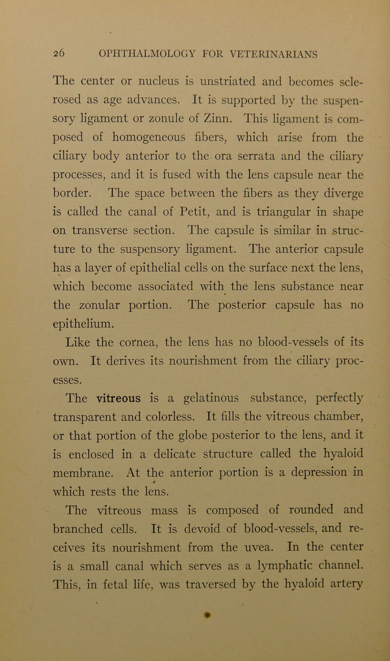 The center or nucleus is unstriated and becomes scle- rosed as age advances. It is supported by the suspen- sory ligament or zonule of Zinn. This ligament is com- posed of homogeneous fibers, which arise from the ciliary body anterior to the ora serrata and the ciliary processes, and it is fused with the lens capsule near the border. The space between the fibers as they diverge is called the canal of Petit, and is triangular in shape on transverse section. The capsule is similar in struc- ture to the suspensory ligament. The anterior capsule has a layer of epithelial cells on the surface next the lens, which become associated with the lens substance near the zonular portion. The posterior capsule has no epithelium. Like the cornea, the lens has no blood-vessels of its own. It derives its nourishment from the ciliary proc- esses. The vitreous is a gelatinous substance, perfectly transparent and colorless. It fills the vitreous chamber, or that portion of the globe posterior to the lens, and it is enclosed in a delicate structure called the hyaloid membrane. At the anterior portion is a depression in * which rests the lens. The vitreous mass is composed of rounded and branched cells. It is devoid of blood-vessels, and re- ceives its nourishment from the uvea. In the center is a small canal which serves as a lymphatic channel. This, in fetal life, was traversed by the hyaloid artery