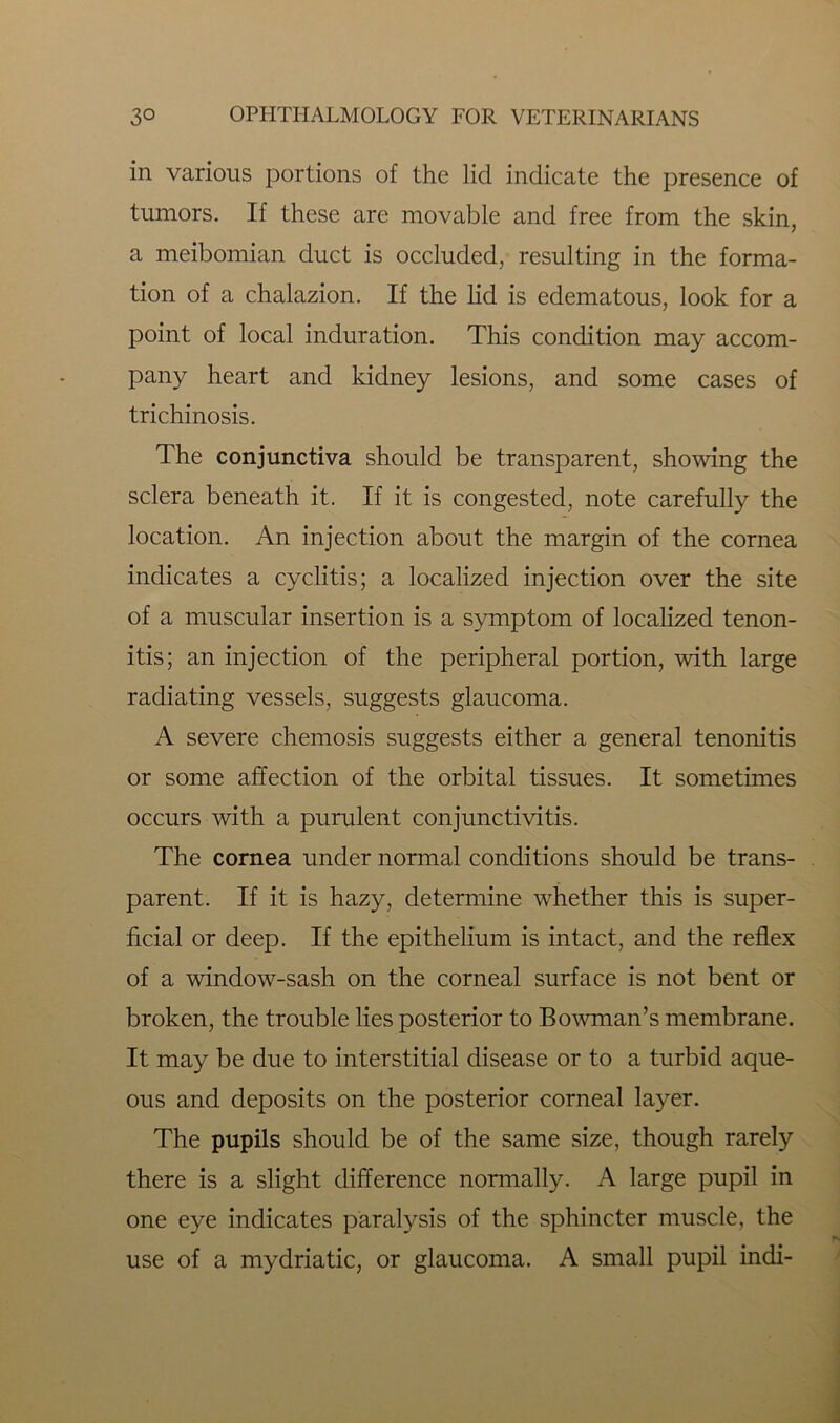 in various portions of the lid indicate the presence of tumors. If these are movable and free from the skin, a meibomian duct is occluded, resulting in the forma- tion of a chalazion. If the lid is edematous, look for a point of local induration. This condition may accom- pany heart and kidney lesions, and some cases of trichinosis. The conjunctiva should be transparent, showing the sclera beneath it. If it is congested, note carefully the location. An injection about the margin of the cornea indicates a cyclitis; a localized injection over the site of a muscular insertion is a symptom of localized tenon- itis; an injection of the peripheral portion, with large radiating vessels, suggests glaucoma. A severe chemosis suggests either a general tenonitis or some affection of the orbital tissues. It sometimes occurs with a purulent conjunctivitis. The cornea under normal conditions should be trans- parent. If it is hazy, determine whether this is super- ficial or deep. If the epithelium is intact, and the reflex of a window-sash on the corneal surface is not bent or broken, the trouble lies posterior to Bowman’s membrane. It may be due to interstitial disease or to a turbid aque- ous and deposits on the posterior corneal layer. The pupils should be of the same size, though rarely there is a slight difference normally. A large pupil in one eye indicates paralysis of the sphincter muscle, the use of a mydriatic, or glaucoma. A small pupil indi-
