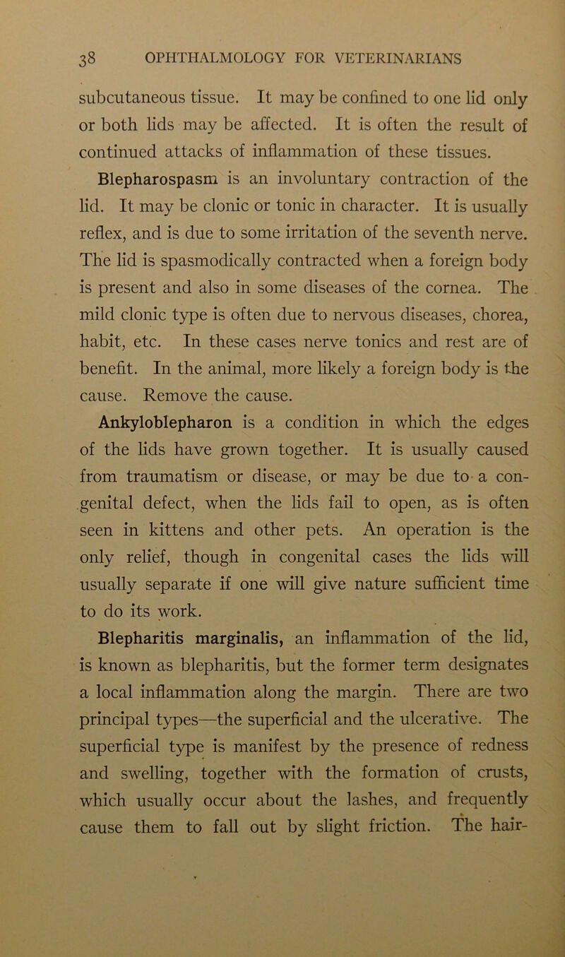 subcutaneous tissue. It may be confined to one lid only or both lids may be affected. It is often the result of continued attacks of inflammation of these tissues. Blepharospasm is an involuntary contraction of the lid. It may be clonic or tonic in character. It is usually reflex, and is due to some irritation of the seventh nerve. The lid is spasmodically contracted when a foreign body is present and also in some diseases of the cornea. The mild clonic type is often due to nervous diseases, chorea, habit, etc. In these cases nerve tonics and rest are of benefit. In the animal, more likely a foreign body is the cause. Remove the cause. Ankyloblepharon is a condition in which the edges of the lids have grown together. It is usually caused from traumatism or disease, or may be due to a con- genital defect, when the lids fail to open, as is often seen in kittens and other pets. An operation is the only relief, though in congenital cases the lids will usually separate if one will give nature sufficient time to do its work. Blepharitis marginalis, an inflammation of the lid, is known as blepharitis, but the former term designates a local inflammation along the margin. There are two principal types—the superficial and the ulcerative. The superficial type is manifest by the presence of redness and swelling, together with the formation of crusts, which usually occur about the lashes, and frequently cause them to fall out by slight friction. The hair-