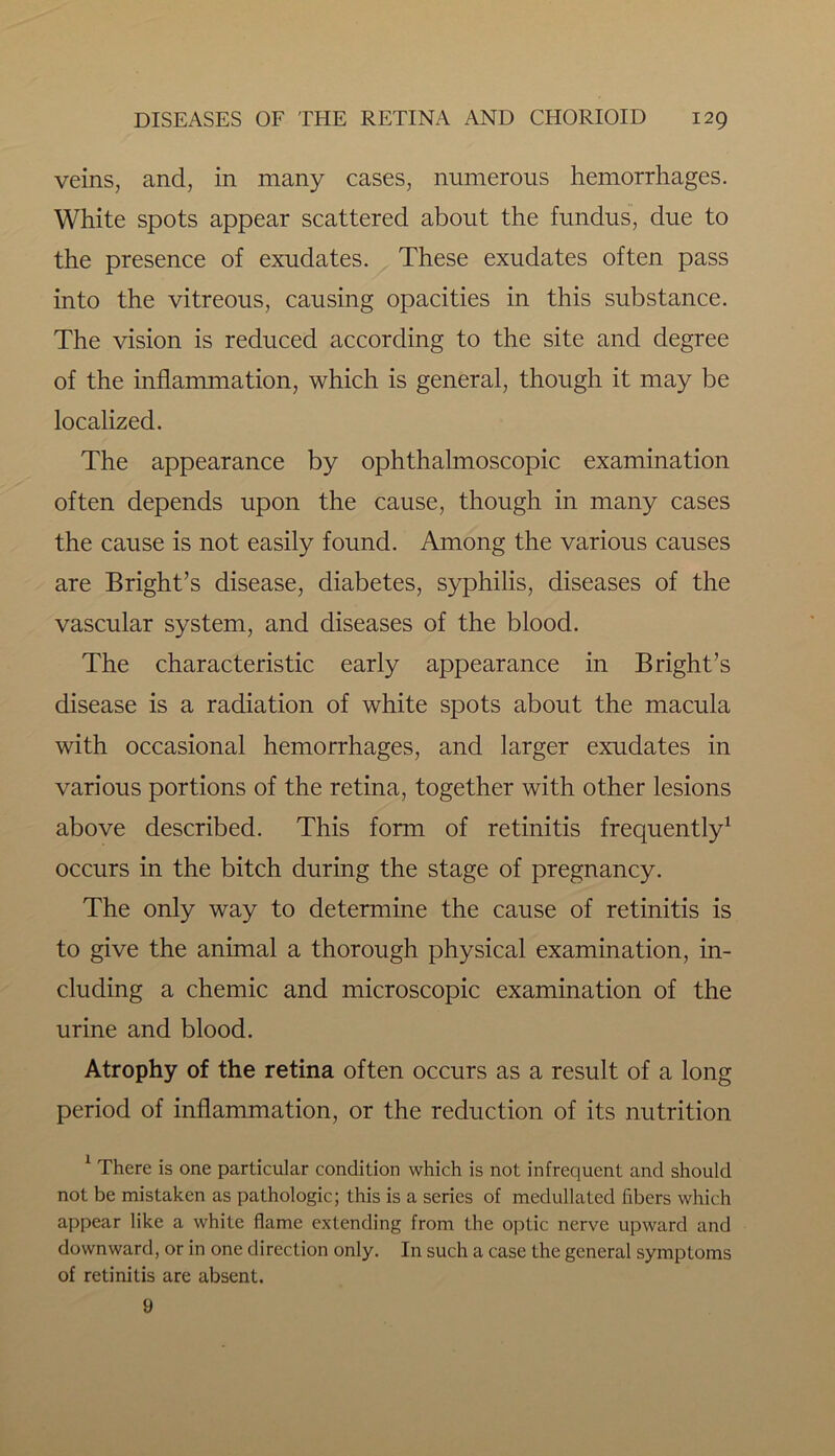 veins, and, in many cases, numerous hemorrhages. White spots appear scattered about the fundus, due to the presence of exudates. These exudates often pass into the vitreous, causing opacities in this substance. The vision is reduced according to the site and degree of the inflammation, which is general, though it may be localized. The appearance by ophthalmoscopic examination often depends upon the cause, though in many cases the cause is not easily found. Among the various causes are Bright’s disease, diabetes, syphilis, diseases of the vascular system, and diseases of the blood. The characteristic early appearance in Bright’s disease is a radiation of white spots about the macula with occasional hemorrhages, and larger exudates in various portions of the retina, together with other lesions above described. This form of retinitis frequently1 occurs in the bitch during the stage of pregnancy. The only way to determine the cause of retinitis is to give the animal a thorough physical examination, in- cluding a chemic and microscopic examination of the urine and blood. Atrophy of the retina often occurs as a result of a long period of inflammation, or the reduction of its nutrition 1 There is one particular condition which is not infrequent and should not be mistaken as pathologic; this is a series of medullated fibers which appear like a white flame extending from the optic nerve upward and downward, or in one direction only. In such a case the general symptoms of retinitis are absent. 9