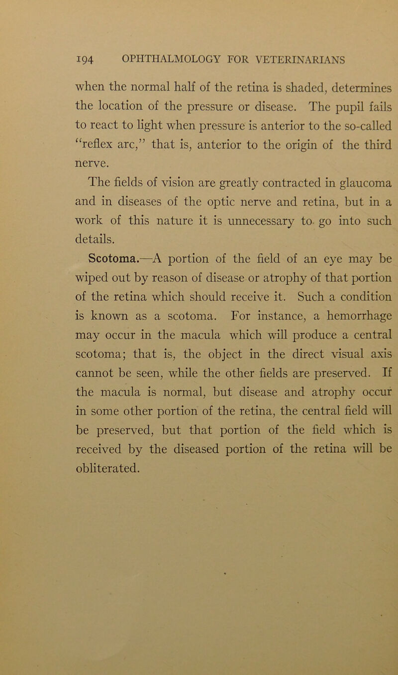 when the normal half of the retina is shaded, determines the location of the pressure or disease. The pupil fails to react to light when pressure is anterior to the so-called “reflex arc,” that is, anterior to the origin of the third nerve. The fields of vision are greatly contracted in glaucoma and in diseases of the optic nerve and retina, but in a work of this nature it is unnecessary to go into such details. Scotoma.—A portion of the field of an eye may be wiped out by reason of disease or atrophy of that portion of the retina which should receive it. Such a condition is known as a scotoma. For instance, a hemorrhage may occur in the macula which will produce a central scotoma; that is, the object in the direct visual axis cannot be seen, while the other fields are preserved. If the macula is normal, but disease and atrophy occur in some other portion of the retina, the central field will be preserved, but that portion of the field which is received by the diseased portion of the retina will be obliterated.