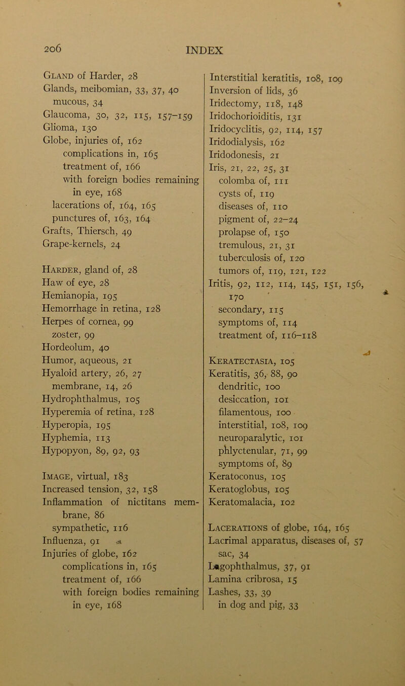 Gland of Harder, 28 Glands, meibomian, 33, 37, 40 mucous, 34 Glaucoma, 30, 32, 115, 157-159 Glioma, 130 Globe, injuries of, 162 complications in, 165 treatment of, 166 with foreign bodies remaining in eye, 168 lacerations of, 164, 165 punctures of, 163, 164 Grafts, Thiersch, 49 Grape-kernels, 24 Harder, gland of, 28 Haw of eye, 28 Hemianopia, 195 Hemorrhage in retina, 128 Herpes of cornea, 99 zoster, 99 Hordeolum, 40 Humor, aqueous, 21 Hyaloid artery, 26, 27 membrane, 14, 26 Hydrophthalmus, 105 Hyperemia of retina, 128 Hyperopia, 195 Hyphemia, 113 Hypopyon, 89, 92, 93 Image, virtual, 183 Increased tension, 32, 158 Inflammation of nictitans mem- brane, 86 sympathetic, 116 Influenza, 91 a Injuries of globe, 162 complications in, 165 treatment of, 166 with foreign bodies remaining in eye, 168 Interstitial keratitis, 108, 109 Inversion of lids, 36 Iridectomy, 118, 148 Iridochorioiditis, 131 Iridocyclitis, 92, 114, 157 Iridodialysis, 162 Iridodonesis, 21 Iris, 21, 22, 25, 31 colomba of, hi cysts of, 119 diseases of, no pigment of, 22-24 prolapse of, 150 tremulous, 21, 31 tuberculosis of, 120 tumors of, 119, 121, 122 Iritis, 92, 112, 114, 145, 151, 156, 170 secondary, 115 symptoms of, 114 treatment of, n 6-118 Keratectasia, 105 Keratitis, 36, 88, 90 dendritic, 100 desiccation, 101 filamentous, 100 interstitial, 108, 109 neuroparalytic, 101 phlyctenular, 71, 99 symptoms of, 89 Keratoconus, 105 Keratoglobus, 105 Keratomalacia, 102 Lacerations of globe, 164, 165 Lacrimal apparatus, diseases of, 57 sac, 34 Lftgophthalmus, 37, 91 Lamina cribrosa, 15 Lashes, 33, 39 in dog and pig, 33