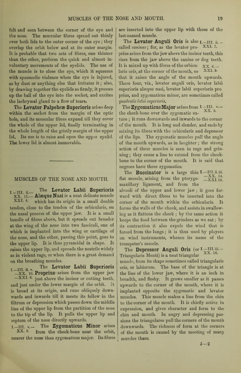 felt and seen between the corner of the eye and the nose. The muscular fibres spread out thinly over both lids to the outer corner of the eye; they overlap the orbit below and at its outer margin. It is probable that two sets of fibres, one thinner than the other, perform the quick and almost in- voluntary movements of the eyelids. The use of the muscle is to close the eye, which it squeezes with spasmodic violence when the eye is injured, as by dust or anything else that irritates it; also, by drawing together the eyelids so firmly, it presses up the ball of the eye into the socket, and excites the lachrymal gland to a flow of tears. The Levator Palpebrae Superioris arises deep within the socket from the margin of the optic hole, and its muscular fibres expand till they cover the whole of the upper lid, finally terminating in the whole length of the gristly margin of the upper lid. Its use is to raise and open the upper eyelid. The lower lid is almost immovable. MUSCLES OF THE NOSE AND MOUTH. T TTT .. The Levator Labii Superioris XX. n.— Alseque Nasi is a neat delicate muscle XXI. 4. which has its origin in a small double tendon, close to the tendon of the orbicularis, on the nasal process of the upper jaw. It is a small bundle of fibres above, but it spreads out broader at the wing of the nose into two fasciculi, one of which is implanted into the wing or cartilage of the nose, and the other, passing this point, goes to the upper lip. It is thus pyramidal in shape. It raises the upper lip, and spreads the nostrils widely as in violent rage, or when there is a great demand on the breathing muscles. TTT .. The Levator Labii Superioris I.— III. 11. V . . . r —XX. 10. PropriUS-arises from the upper jaw —XXI. 6. just above the incisor or cutting teeth, and just under the lower margin of the orbit. It is broad at its origin, and runs obliquely down- wards and inwards till it meets its fellow in the filtrum or depression which passes down the middle line of the upper lip from the partition of the nose to the tip of the lip. It pulls the upper lip and septum of the nose directly upwards. I.—in. v.— The Zygomaticus Minor arises XX. 9. from the cheek-bone near the orbit, nearer the nose than zygomaticus major. Its fibres I are inserted into the upper lip with those of the last-named muscle. The Levator Anguli Oris is also i._m. ii. - called caninus; for, as the levator pro- XXI. 7. prius arises from the jaw above the incisor teeth, this rises from the jaw above the canine or dog teeth. It is mixed up with fibres of the orbicu- xx. 6.— laris oris, at the corner of the mouth, so XXI. 9. that it raises the angle of the mouth upwards. These four, viz., levator anguli oris, levator labii superioris alseque nasi, levator labii superioris pro prius, and zygomaticus minor, are sometimes called quadralis labii superioris. The Zygomaticus Major arises from I.—III. v.— the cheek-bone over the zygomatic su- ture ; it runs downwards and inwards to the corner of the mouth. It is long and slender, and ends by mixing its fibres with the orbicularis and depressor of the lips. The zygomatic muscles pull the angle of the mouth upwards, as in laughter ; the strong action of these muscles is seen in rage and grin- ning ; they cause a line to extend from the cheek- bone to the corner of the mouth. It is said that negroes have three zygomatics. The Buccinator is a large thin I— ITI. ii. iii. flat muscle, arising from the pterygo- Hxxi.10. maxillary ligament, and from the alveoli of the upper and lower jaw; it goes for- ward with direct fibres to be inserted into the corner of the mouth within the orbicularis. It forms the walls of the cheek, and assists in swallow- ing as it flattens the cheek ; by the same action it keeps the food between the grinders as we eat; by its contraction it also expels the wind that is forced from the lungs; it is thus used by players on wind instruments, whence its name of the trumpeter’s muscle. The Depressor Anguli Oris (orI'jT^IY6ii'— Triangularis Menti) is a neat triangular muscle, from its shape sometimes called triangularis oris, or labiorum. The base of the triangle is at the line of the lower jaw, where it is an inch in breadth, and fleshy. It grows smaller as it passes upwards to the corner of the mouth, where it is implanted opposite the zygomatic and levator muscles. This muscle makes a line from the chin to the corner of the mouth. It is chiefly active in expression, and gives character and form to the chin and mouth. In angry and depressing pas- sions the triangulares pull the corners of the mouth downwards. The richness of form at the corners of the mouth is caused by the meeting of many muscles there. 3-2