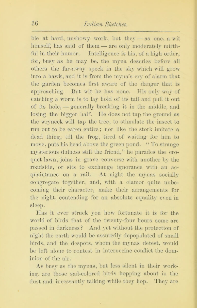 l)le at hard, unsliow}' Avork, hut they — as one, a Avit liiuiself, has said of them — are oiiIa' modei'atelv mirth- fill ill their humor. Intelligence is his, of a high order, for, bus} as he ma^’ be, the myna desciies before all others the far-away speck in the sky AAdiich Avill grow into a luiAvk, and it is from the myna’s cry of alarm that the garden becomes first aware of the danger that is a[)proaching. But Avit he has none. Ilis only AvaA' of catching a AA'orm is to lay hold of its tail and pnll it out of its hole, — generally’ breaking it in the middle, and losing the bigger half. lie does not tap the ground as the wryneck aa'III ta|) the tree, to stimulate the insect to run out to be eaten entire ; nor like the stork imitate a dead thing, till the frog, tired of Avaiting for him to moA’e, puts his head aboA’c the green pond. ^ To strange mysterious dulness still the friend,” he parades the cro- quet lawn, joins in graA'e conA'crse Avith another by the roadside, or sits to exchange ignorance Avith an ac- quaintance on a rail. At night the mynas socially congregate together, and, AAdth a clamor quiie unbe- coming their character, make their arrangements for the night, contending for an absolute equality even in sleep. lias it ever struck you how fortunate it is for the Avorld of birds that of the tAventy-fonr hours some are passed in darkness? And yet Avithont the protection of night the earth would be assuredly depopulated of small l)irds, and the despots, Avhom the mynas detest, Avonld be left alone to contest in internecine conflict the dom- inion of the air. As busy as the mynas, but less silent in their Avork- ing, are those sad-colored birds hop])iug about in the dust and incessantly talking Avhile they hop. They are