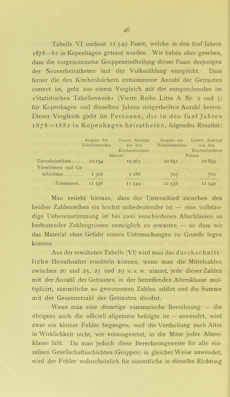 Tabelle VI umfasst u 549 Paare, welche in den fünf Jahren 1878 — 82 in Kopenhagen getraut wurden. Wir haben aber gesehen, dass die vorgenommene Gruppeneintheilung dieser Paare derjenigen der Neuverheiratheten laut der Volkszählung entspricht. Dass ferner die den Kirchenbüchern entnommene Anzahl der Getrauten correct ist, geht aus einem Vergleich mit der entsprechenden im »Statistischen Tabellenwerk« (Vierte Reihe Litra A Nr. 2 und 5) für Kopenhagen und dieselben Jahren mitgetheilten Anzahl hervor. Dieser Vergleich giebt für Personen, die in den fünf Jahren 1878 —1882 in Kopenhagen heiratheten, folgendes Resultat: Angabe des Unsere Auszüge Angabe des Unsere Auszüge Tabellenwerkes aus den Tabellenwerkes aus den Kirchenbüchern Kirchenbüchern Männer Frauen Unverheirathete 10254 10263 10851 1083g Verwittwete und Ge- schiedene 1 302 1 286 705 710 Zusammen.. 11556 11549 rr 556 11 549 Man ersieht hieraus, dass der Unterschied zwischen den beiden Zahlenreihen ein höchst unbedeutender ist — eine vollstän- dige Uebereinstimmung ist bei zwei verschiedenen Abschlüssen so bedeutender Zahlengrössen unmöglich zu erwarten — so dass wir das Material ohne Gefahr unsern Untersuchungen zu Grunde legen können. Aus der erwähnten Tabelle (VI) wird man das durchschnitt- liche Heirathsalter ermitteln können, wenn man die Mittelzahlen zwischen 20 und 25, 25 und 29 u. s. w. nimmt, jede dieser Zahlen mit der Anzahl der Getrauten in der betreffenden Altersklasse mul- tiplicirt, sämmtliche so gewonnenen Zahlen addirt und die Summe mit der Gesammtzahl der Getrauten dividirt. Wenn man eine derartige summarische Berechnung - die übrigens auch die officiell allgemein befolgte ist — anwendet, wird zwar ein kleiner Fehler begangen, weil die Vertheilung nach Alter in Wirklichkeit nicht, wie vorausgesetzt, in die Mitte jeder Alters- klasse fällt. Da man jedoch diese Berechnungsweise für alle ein- zelnen Gesellschaftsschichten (Gruppen) in gleicher Weise anwendet, wird der Fehler wahrscheinlich für sämmtliche in dieselbe Richtung