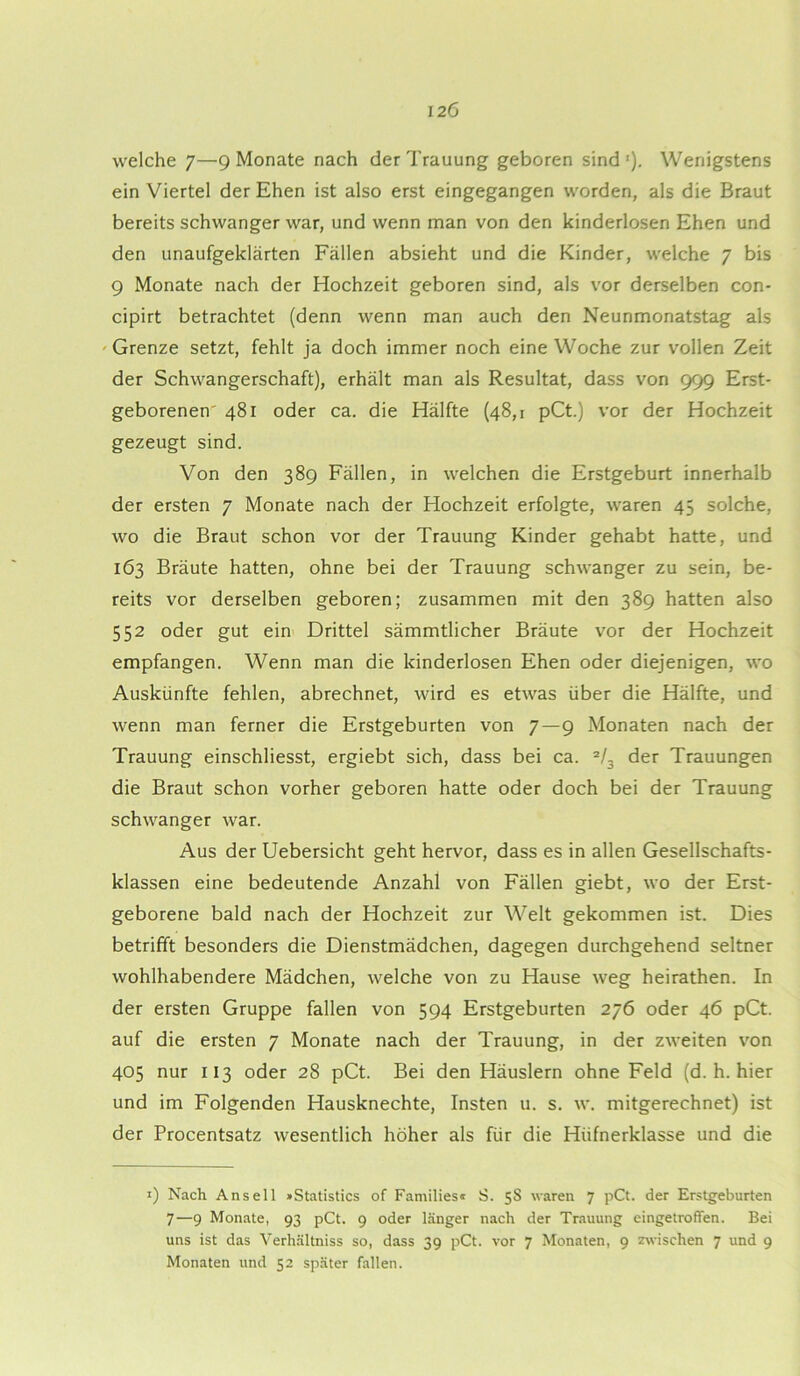 welche 7—9 Monate nach der Trauung geboren sind'). Wenigstens ein Viertel der Ehen ist also erst eingegangen worden, als die Braut bereits schwanger war, und wenn man von den kinderlosen Ehen und den unaufgeklärten Fällen absieht und die Kinder, welche 7 bis 9 Monate nach der Hochzeit geboren sind, als vor derselben con- cipirt betrachtet (denn wenn man auch den Neunmonatstag als Grenze setzt, fehlt ja doch immer noch eine Woche zur vollen Zeit der Schwangerschaft), erhält man als Resultat, dass von 999 Erst- geborenen' 481 oder ca. die Hälfte (48,1 pCt.) vor der Hochzeit gezeugt sind. Von den 389 Fällen, in welchen die Erstgeburt innerhalb der ersten 7 Monate nach der Hochzeit erfolgte, waren 45 solche, wo die Braut schon vor der Trauung Kinder gehabt hatte, und 163 Bräute hatten, ohne bei der Trauung schwanger zu sein, be- reits vor derselben geboren; zusammen mit den 389 hatten also 552 oder gut ein Drittel sämmtlicher Bräute vor der Hochzeit empfangen. Wenn man die kinderlosen Ehen oder diejenigen, wo Auskünfte fehlen, abrechnet, wird es etwas über die Hälfte, und wenn man ferner die Erstgeburten von 7—9 Monaten nach der Trauung einschliesst, ergiebt sich, dass bei ca. 1 2/3 der Trauungen die Braut schon vorher geboren hatte oder doch bei der Trauung schwanger war. Aus der Uebersicht geht hervor, dass es in allen Gesellschafts- klassen eine bedeutende Anzahl von Fällen giebt, wo der Erst- geborene bald nach der Hochzeit zur Welt gekommen ist. Dies betrifft besonders die Dienstmädchen, dagegen durchgehend seltner wohlhabendere Mädchen, welche von zu Hause weg heirathen. In der ersten Gruppe fallen von 594 Erstgeburten 276 oder 46 pCt. auf die ersten 7 Monate nach der Trauung, in der zweiten von 405 nur 113 oder 28 pCt. Bei den Häuslern ohne Feld (d. h. hier und im Folgenden Hausknechte, Insten u. s. w. mitgerechnet) ist der Procentsatz wesentlich höher als für die Hüfnerklasse und die 1) Nach Anseil »Statistics of Families« S. 58 waren 7 pCt. der Erstgeburten 7—9 Monate, 93 pCt. 9 oder länger nach der Trauung eingetroffen. Bei uns ist das Verhältniss so, dass 39 pCt. vor 7 Monaten, 9 wischen 7 und 9 Monaten und 52 später fallen.