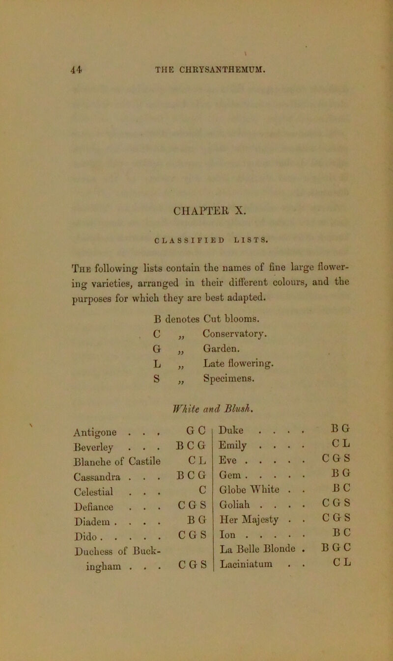 CHAPTER X. CLASSIFIED LISTS. The following lists contain the names of fine large flower- ing varieties, arranged in their different colours, and the purposes for which they are best adapted. B denotes Cut blooms. C „ Conservatory. G „ Garden. L „ Late flowering. S „ Specimens. White and Blush. Antigone . . . GC Duke .... B G Beverley . . . B CG Emily .... C L Blanche of Castile CL Eve CG S Cassandra . B CG Gem B G Celestial . . . C Globe White . . B C Defiance . . C GS Goliah .... CG S Diadem .... BG Her Majesty . . CG s Dido C G S Ion B c Duchess of Buck- La Belle Blonde . BG c ingham . . . C GS Laciniatum C L