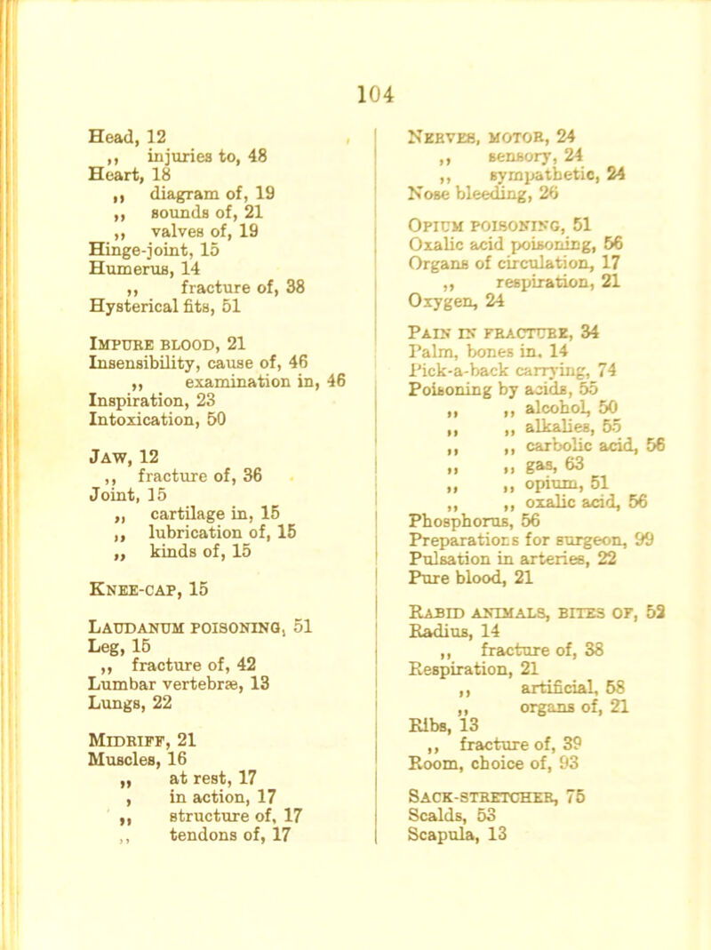 Head, 12 ,, injuries to, 48 Heart, 18 ,, diagram of, 19 ,, sounds of, 21 ,, valves of, 19 Hinge-joint, 15 Humerus, 14 ,, fracture of, 38 Hysterical fits, 51 Impure blood, 21 Insensibility, cause of, 46 ,, examination in, 46 Inspiration, 23 Intoxication, 50 Jaw, 12 ,, fracture of, 36 Joint, 15 „ cartilage in, 15 ,, lubrication of, 15 „ kinds of, 15 Knee-cap, 15 Laudanum poisoning, 51 Leg, 15 ,, fracture of, 42 Lumbar vertebra;, 13 Lungs, 22 Midriff, 21 Muscles, 16 „ at rest, 17 , in action, 17 ,, structure of, 17 ,, tendons of, 17 Nerves, motor, 24 ,, sensory, 24 ,, sympathetic, 24 Nose bleeding, 26 Opium poisoning, 51 Oxalic acid poisoning, 56 Organs of circulation, 17 ,, respiration, 21 Oxygen, 24 Pain in fractube, 34 Palm, bones in. 14 Pick-a-back carrying, 74 Poisoning by acids, 55 ,, ,, alcohol, 50 ,, ,, alkalies, 55 ,, ,, carbolic acid, 56 ,, ,, gRs, 63 „ „ opium, 51 ,, ,, oxalic acid, 56 Phosphorus, 56 Preparations for surgeon, 99 Pulsation in arteries, 22 Pure blood, 21 Rapid animals, bites of, 52 Radius, 14 ,, fracture of, 38 Respiration, 21 ,, artificial, 58 ,, organs of, 21 Ribs, 13 ,, fracture of, 39 Room, choice of, 93 Sack-stretcher, 75 Scalds, 53 Scapula, 13