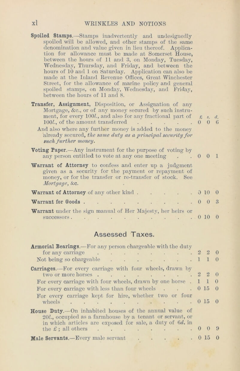 Spoiled Stamps.—Stamps inadvertently and undesignedly spoiled will be allowed, and other stamps of the same denomination and value given in lieu thereof. Applica- tion for allowance must be made at Somerset House, between the hours of 11 and 3, on Monday, Tuesday, Wednesday, Thursday, and Friday, and between the hours of 10 and 1 on Saturday. Application can also be made at the Inland Revenue Offices, Great Winchester Street, for the allowance of marine policy and general spoiled stamps, on Monday, Wednesday, and Friday, between the hours of 11 and 8. Transfer, Assignment, Disposition, or Assignation of any Mortgage, &c., or of any money secured by such instru- ment, for every 100!., and also for any fractional part of £ s. <j. 100'., of the amount transferred . . . . .000 And also where any further money is added to the money already secured, the sa me duty as a principal security for such further money. Voting Paper.—Any instrument for the purpose of voting by any person entitled to vote at any one meeting . .001 Warrant of Attorney to confess and enter up a judgment given as a security for the payment or repayment of money, or for the transfer or re-transfer of stock. See Mortyaye, &c. Warrant of Attorney of any other kind 0 10 0 Warrant for Goods 003 Warrant under the sign manual of Her Majesty, her heirs or successors 0100 Assessed Taxes. Armorial Bearings.—For any person chargeable with the duty for any carriage 2 2 0 Not being so chargeable 110 Carriages.—For every carriage with four wheels, drawn b}r two or more horses . . . . . . . .220 For every carriage with four wheels, drawn by one horse .110 For every carriage with less than four wheels . . . 0 15 0 For every carriage kept for hire, whether two or four wheels . . . . . . . . . . 0 15 0 House Duty.—On inhabited houses of the annual value of 20!., occupied as a farmhouse by a tenant or servant, or in which articles are exposed for sale, a duty of 6d. in the £ ; all others 0 0 9 Male Servants.—Every male servant 0 15 0