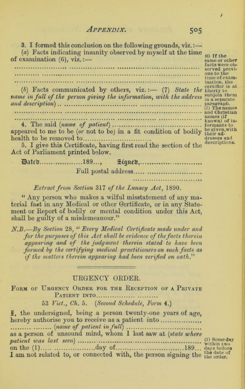 ) Appendix. 505 3. I formed this conclusion on the following grounds, viz.:—• (a) Facts indicating insanity observed by myself at the time of examination (6), viz.:— (b) Facts communicated by others, viz.:— (7) State the name in full of the person giving the information, with the address and description) 4. The said (name of patient) appeared to me to be (or not to be) in a fit condition of bodily health to be removed to 5. I give this Certificate, having first read the section of the Act of Parliament printed below. Batch 189..., Signch, Full postal address Extract from Section 317 of the Lunacy Act, 1890. “ Any person who makes a wilful misstatement of any ma- terial faet in any Medical or other Certificate, or in any State- ment or Report of bodily or mental condition under this Act, shall be guilty of a misdemeanour.” N.B.—By Section 28, “ Every Medical Certificate made under and for the purposes of this Act shall he evidence of the facts therein appearing and of the judgment therein stated to have been formed by the certifying medical practitioners on such facts as if the matters therein appearing had been verified on oath.” URGENCY ORDER. Form of Urgency Order for the Reception of a Private Patient into 53 Viet., Ch. 5. (Second Schedule, Form 4.) 5, the undersigned, being a person twenty-one years of age, hereby authorise you to receive as a patient into (name of patient in full) as a person of unsound mind, whom 1 last saw at (state where patient was last seen) on the (1) day of 189... I am not related to, or connected with, the person signing the (6) If the same or other facts were ob- served previ- ous to the time of exam- ination, the certiticr is at liberty to subjoin them in a separate paragraph. (7) The names and Christian names (if known) of in- formants to be given.with their ad- dresses Hnd descriptions. (I) Someday within two days before the date of the order.