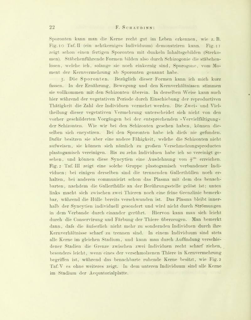 Sporonten kann man die Kerne reclit gut im Leben erkennen, wie z. B. Kig. IO Taf. II (ein aclitkerniges Individuum) demonstriren kann. F'iy. i i zeigt -schon einen fertigen Sporonten mit dunkeln Inhaltsgebilden (Sterko- men). Stäbchenfiihrende Formen bilden al.so durch Schizogonie die stäbchen- losen, welche ich. solange sie noch einkernig .sind, Sporogone, vom 3Io- ment der Kernvermehrung ab Sporonten genannt habe. 3. Die Sporonten. Bezüglich dieser Formen kann icli midi kurz fa.ssen. In der Ernährung, Bewegung und den Kernverhältnissen stimmen sie vollkommen mit den Schizonten überein. In derselben Weise kann auch hier während der vegetativen Periode durch Einschiebung der reproductiven Thätigkeit die Zahl der Individuen vermehrt werden. Die Zwei- und Viel- theilung dieser vegetativen Vermehrung unterscheidet sich nicht von den vorher geschilderten Vorgängen bei der entsprechenden »Vervielfältigung der Schizonten. Wie wir bei den Schizonten gesehen haben, können die- selben sich encystiren. Bei den vSporonten habe ich diels nie gefunden. Dafür besitzen sie aber eine andere Fähigkeit, welche die Schizonten nicht aufweisen, .sie können sich nämlich zu grofsen Verschmelzungsproducten plastogamisch vereinigen. Bis zu zelin Individuen habe ich so vereinigt ge- sehen, und können diese Syncytien eine Ausdehnung von erreichen. Fig. 2 Taf. III zeigt eine solche Gruppe plastogamisch verbundener Indi- viduen; bei einigen derselben sind die trennenden Gallerthüllen noch er- halten, bei anderen communicirt schon das Plasma mit dem des benach- barten, nachdem die Gallerthülle an der Berührungsstelle gelöst ist: unten links macht sich zwischen zwei Thieren noch eine feine Grenzlinie bemerk- bar, während die Hülle bereits verschwunden ist. Das Plasma bleibt inner- halb der Syncytien individuell gesondert und wird nicht durch Strömungen in dem Verbände durch einander gerührt. Hiervon kann man sich leicht durch die Conservirung und Färbung der Thiere überzeugen. Man bemerkt dann, dafs die äufserlich nicht mehr zu sondernden Individuen durch ihre Kernverhältnisse scharf zu trennen sind. In einem Individuum sind stets alle Kerne im gleichen Stadium, und kann man durch Auffindung verschie- dener Stadien die Grenze zwischen zwei Individuen recht scharf ziehen, besonders leicht, wenn eines der verschmolzenen Thiere in Kernvermehrung begriffen i.st, während das benachbarte ruhende Kerne be.sitzt, wie Fig. 2 Taf. V es ohne weiteres zeigt. In dem unteren Individuum sind alle Kerne im Stadium der Aequatorialplatte.