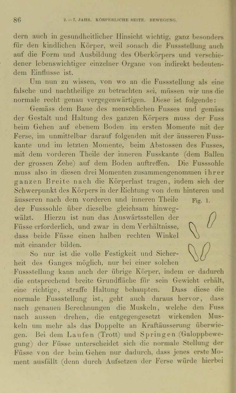 8(> 2.-7. JAIIIt, KrdU’KUl.irilK «KITK. »KWKOU.Nf;. dem auch in gesundheitlicher Hinsicht wichtig, ganz besonders für den kindlichen Körj)ei’, weil sonach die Fnssstelhnig auch auf die Form und Ausbildung des Oberköj-pers und verschie- dener lebenswichtiger einzelner Organe von indirekt bedeuten- dem Einflüsse ist. Um nun zu wissen, von wo an die Fnssstellnng als eine falsche und nachtheilige zu betrachten sei, müssen wir uns die normale recht genau vergegenwärtigen. J)iese ist folgende: Gemäss dem Baue des menschlichen Busses und gemäss der Gestalt und Haltung des ganzen Körpers muss der Fuss beim Gehen auf ebenem Boden im ersten Momente mit der Ferse, im unmittelbar darauf folgenden mit der äusseren Fuss- kante und im letzten Momente, beim Abstossen des Busses, mit dem vorderen Theile der inneren Fusskante (dem Ballen der grossen Zehe) auf dem Boden anftreffen. Die Fusssohle muss also in diesen drei Momenten zusammengenommen ihrer ganzen Breite nach die Körperlast tragen, indem sich der Schwerpunkt des Körpers in der Richtung von dem hinteren und äusseren nach dem vorderen und inneren Theile Fig. l. der Fusssohle über dieselbe gleichsam hinweg- wälzt. Flierzu ist nun das Auswärtsstellen der Füsse erforderlich, und zwar in dem Verhältnisse, dass beide Füsse einen halben rechten Winkel mit einander bilden. So nur ist die volle Festigkeit und Sicher- heit des Ganges möglich, nur bei einer solchen Fussstellung kann auch der übrige Köi-per, indem er dadurch die entsprechend breite Grundfläche für sein Gewicht erhält, eine richtige, strafle Flaltung behau})ten. Dass diese die normale Fussstellung ist. geht auch daraus hervor, dass nach genauen Berechnungen die Muskeln, welche den Fuss nach aussen drehen, die entgegengesetzt wirkenden Mus- keln um mehr als das Dop])elte an Kraftäusserung überwie- gen. Bei dem Laufen (Trott) und 8])ringen (Galoppbewe- gung) der Füsse untei’scheidet sich die normale Stellung der Füsse von der beim Gehen nur dadiu’ch, dass jenes erste Mo- ment ausfällt (denn durch Aufsetzen der Ferse würde hierbei