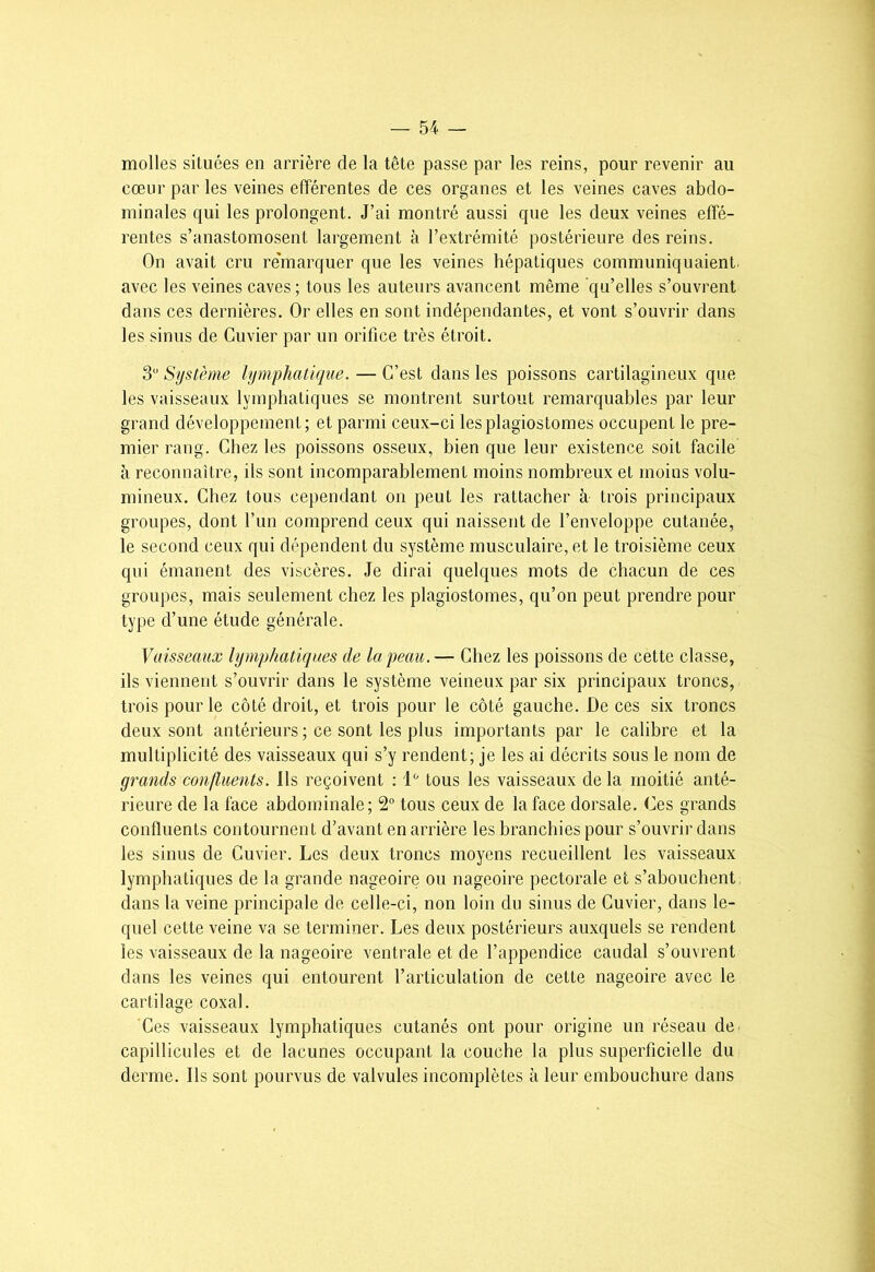 molles situées en arrière de la tête passe par les reins, pour revenir au cœur par les veines efférentes de ces organes et les veines caves abdo- minales qui les prolongent. J’ai montré aussi que les deux veines effé- rentes s’anastomosent largement à l’extrémité postérieure des reins. On avait cru re'marquer que les veines hépatiques communiquaient, avec les veines caves ; tous les auteurs avancent même qu’elles s’ouvrent dans ces dernières. Or elles en sont indépendantes, et vont s’ouvrir dans les sinus de Cuvier par un orifice très étroit. 3“ Système lymphatique. — C’est dans les poissons cartilagineux que les vaisseaux lymphatiques se montrent surtout remarquables par leur grand développement; et parmi ceux-ci lesplagiostomes occupent le pre- mier rang. Chez les poissons osseux, bien que leur existence soit facile à reconnaître, ils sont incomparablement moins nombreux et moins volu- mineux. Chez tous cependant on peut les rattacher à trois principaux groupes, dont l’un comprend ceux qui naissent de l’enveloppe cutanée, le second ceux qui dépendent du système musculaire, et le troisième ceux qui émanent des viscères. Je dirai quelques mots de chacun de ces groupes, mais seulement chez les plagiostomes, qu’on peut prendre pour type d’une étude générale. Vaisseaux lymphatiques de la peau.— Chez les poissons de cette classe, ils viennent s’ouvrir dans le système veineux par six principaux troncs, trois pour le côté droit, et trois pour le côté gauche. De ces six troncs deux sont antérieurs ; ce sont les plus importants par le calibre et la multiplicité des vaisseaux qui s’y rendent; je les ai décrits sous le nom de grands confluents. Ils reçoivent ; 1'' tous les vaisseaux de la moitié anté- rieure de la face abdominale; 2® tous ceux de la face dorsale. Ces grands confluents contournent d’avant en arrière les branchies pour s’ouvrir dans les sinus de Cuvier. Les deux troncs moyens recueillent les vaisseaux lymphatiques de la grande nageoire ou nageoire pectorale et s’abouchent dans la veine principale de celle-ci, non loin du sinus de Cuvier, dans le- quel cette veine va se terminer. Les deux postérieurs auxquels se rendent les vaisseaux de la nageoire ventrale et de l’appendice caudal s’ouvrent dans les veines qui entourent l’articulation de cette nageoire avec le cartilage coxal. Ces vaisseaux lymphatiques cutanés ont pour origine un réseau de. capillicules et de lacunes occupant la couche la plus superficielle du derme. Ils sont pourvus de valvules incomplètes à leur embouchure dans