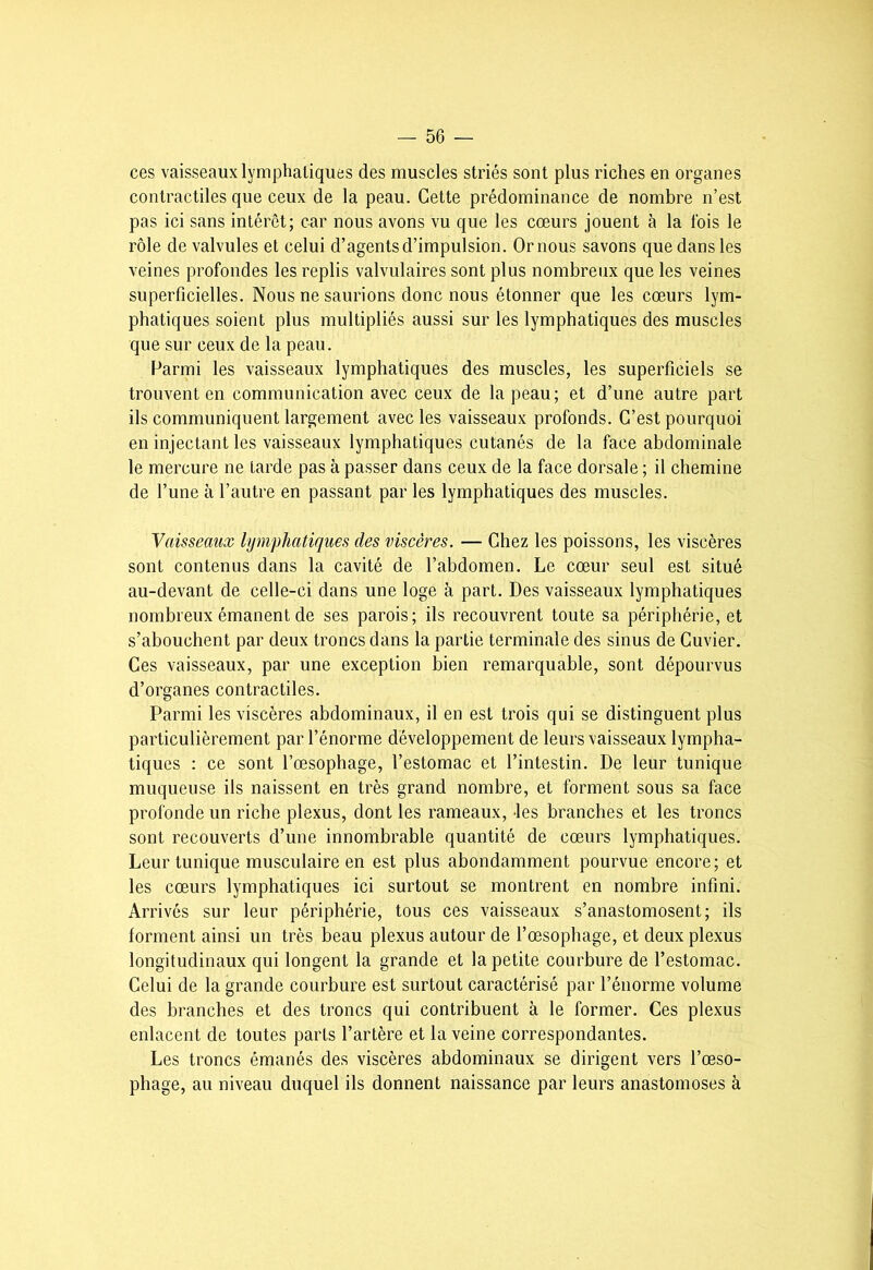 ces vaisseaux lymphatiques des muscles striés sont plus riches en organes contractiles que ceux de la peau. Cette prédominance de nombre n’est pas ici sans intérêt; car nous avons vu que les cœurs jouent à la fois le rôle de valvules et celui d’agents d’impulsion. Ornous savons que dans les veines profondes les replis valvulaires sont plus nombreux que les veines superficielles. Nous ne saurions donc nous étonner que les cœurs lym- phatiques soient plus multipliés aussi sur les lymphatiques des muscles que sur ceux de la peau. Parmi les vaisseaux lymphatiques des muscles, les superficiels se trouvent en communication avec ceux de la peau; et d’une autre part ils communiquent largement avec les vaisseaux profonds. C’est pourquoi en injectant les vaisseaux lymphatiques cutanés de la face abdominale le mercure ne tarde pas à passer dans ceux de la face dorsale ; il chemine de l’une à l’autre en passant par les lymphatiques des muscles. Vaisseaux lymphatiques des viscères. — Chez les poissons, les viscères sont contenus dans la cavité de l’abdomen. Le cœur seul est situé au-devant de celle-ci dans une loge à part. Des vaisseaux lymphatiques nombreux émanent de ses parois; ils recouvrent toute sa périphérie, et s’abouchent par deux troncs dans la partie terminale des sinus de Cuvier. Ces vaisseaux, par une exception bien remarquable, sont dépourvus d’organes contractiles. Parmi les viscères abdominaux, il en est trois qui se distinguent plus particulièrement par l’énorme développement de leurs vaisseaux lympha- tiques ; ce sont l’œsophage, l’estomac et l’intestin. De leur tunique muqueuse ils naissent en très grand nombre, et forment sous sa face profonde un riche plexus, dont les rameaux, -les branches et les troncs sont recouverts d’une innombrable quantité de cœurs lymphatiques. Leur tunique musculaire en est plus abondamment pourvue encore; et les cœurs lymphatiques ici surtout se montrent en nombre infini. Arrivés sur leur périphérie, tous ces vaisseaux s’anastomosent; ils forment ainsi un très beau plexus autour de l’œsophage, et deux plexus longitudinaux qui longent la grande et la petite courbure de l’estomac. Celui de la grande courbure est surtout caractérisé par l’énorme volume des branches et des troncs qui contribuent à le former. Ces plexus enlacent de toutes parts l’artère et la veine correspondantes. Les troncs émanés des viscères abdominaux se dirigent vers l’œso- phage, au niveau duquel ils donnent naissance par leurs anastomoses à