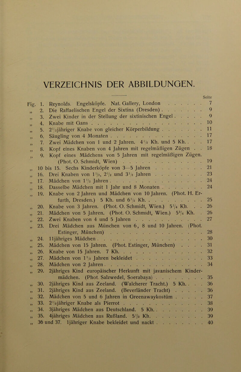 VERZEICHNIS DER ABBILDUNGEN. Seite Fig. 1. Reynolds. Engelsköpfe. Nat. Gallery, London 7 „ 2. Die Raffaelischen Engel der Sixtina (Dresden) 9 „ 3. Zwei Kinder in der Stellung der Sixtinischen Engel 9 „ 4, Knabe mit Gans 10 „ 5. 2V2jähriger Knabe von gleicher Körperbildung 11 „ 6, Säugling von 4 Monaten 17 „ 7. Zwei Mädchen von 1 und 2 Jahren. 4 72 Kh. und 5 Kh. ... 17 „ 8. Kopf eines Knaben von 4 Jahren mit regelmäßigen Zügen . . 18 „ 9. Kopf eines Mädchens von 5 Jahren mit regelmäßigen Zügen. (Phot. O. Schmidt, Wien) 19 ,, 10 bis 15. Sechs Kinderköpfe von 3—5 Jahren 21 „ 16. Drei Knaben von D/a, 272 und 37'2 Jahren 23 „ 17. Mädchen von D/2 Jahren 24 „ 18. Dasselbe Mädchen mit 1 Jahr und 8 Monaten 24 ,, 19. Knabe von 2 Jahren und Mädchen von 10 Jahren. (Phot. H. Er- furth, Dresden.) 5 Kh. und 672 Kh 25 „ 20. Knabe von 3 Jahren. (Phot. O. Schmidt, Wien.) 574 Kh. . . 26 „ 21. Mädchen von 5 Jahren. (Phot. O. Schmidt, Wien.) 5^4 Kh. 26 „ 22. Zwei Knaben von 4 und 5 Jahren 27 „ 23. Drei Mädchen aus München von 6, 8 und 10 Jahren. (Phot. Estinger, München) 28 „ 24. 11 jähriges Mädchen 30 „ 25. Mädchen von 15 Jahren. (Phot. Estinger, München) .... 31 „ 26. Knabe von 15 Jahren. 7 Kh 32 „ 27. Mädchen von D/2 Jahren bekleidet 33 „ 28. Mädchen von 2 Jahren 34 „ 29. 2jähriges Kind europäischer Herkunft mit javanischem Kinder- mädchen. (Phot. Salzwedel, Soerabaya) 35 „ 30. 2jähriges Kind aus Zeeland. (Walcherer Tracht.) 5 Kh. ... 36 „ 31. 2jähriges Kind aus Zeeland. (Beverländer Tracht) 36 „ 32. Mädchen von 5 und 6 Jahren in Greenawaykostüm 37 „ 33. 272jähriger Knabe als Pierrot 38 „ 34. 3jähriges Mädchen aus Deutschland. 5 Kh 39 „ 35. 4jähriges Mädchen aus Rußland. 572 Kh 39