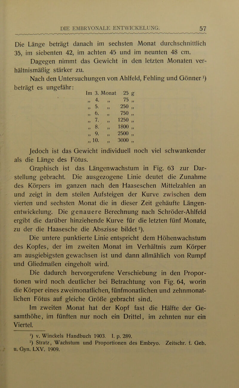 Die Länge beträgt danach im sechsten Monat durchschnittlich 35, im siebenten 42, im achten 45 und im neunten 48 cm. Dagegen nimmt das Gewicht in den letzten Monaten ver- hältnismäßig stärker zu. Nach den Untersuchungen von Ahlfeld, Fehling und Gönner i) beträgt es ungefähr: Im 3. Monat 25 g 4 75 „ 5. „ 250 „ „ 6. „ 750 „ „ 7. „ 1250 „ „ 8. „ 1800 „ „ 9. „ 2500 „ „ 10. „ 3000 „ Jedoch ist das Gewicht individuell noch viel schwankender als die Länge des Fötus. Graphisch ist das Längenwachstum in Fig. 63 zur Dar- stellung gebracht. Die ausgezogene Linie deutet die Zunahme des Körpers im ganzen nach den Flaaseschen Mittelzahlen an und zeigt in dem steilen Aufsteigen der Kurve zwischen dem vierten und sechsten Monat die in dieser Zeit gehäufte Längen- entwickelung. Die genauere Berechnung nach Schröder-Ahlfeld ergibt die darüber hinziehende Kurve für die letzten fünf Monate, zu der die Flaasesche die Abszisse bildet ^). Die untere punktierte Linie entspricht dem Flöhenwachstum des Kopfes, der im zweiten Monat im Verhältnis zum Körper am ausgiebigsten gewachsen ist und dann allmählich von Rumpf und Gliedmaßen eingeholt wird. Die dadurch hervorgerufene Verschiebung in den Propor- tionen wird noch deutlicher bei Betrachtung von Fig. 64, worin die Körper eines zweimonatlichen, fünfmonatlichen und zehnmonat- lichen Fötus auf gleiche Größe gebracht sind. Im zweiten Monat hat der Kopf fast die Hälfte der Ge- samthöhe, im fünften nur noch ein Drittel, im zehnten nur ein Viertel. V. Winckels Handbuch 1903. I. p. 289. Stratz, Wachstum und Proportionen des Embryo. Zeitschr. f. Geb. u. Gyn. LXV. 1909.