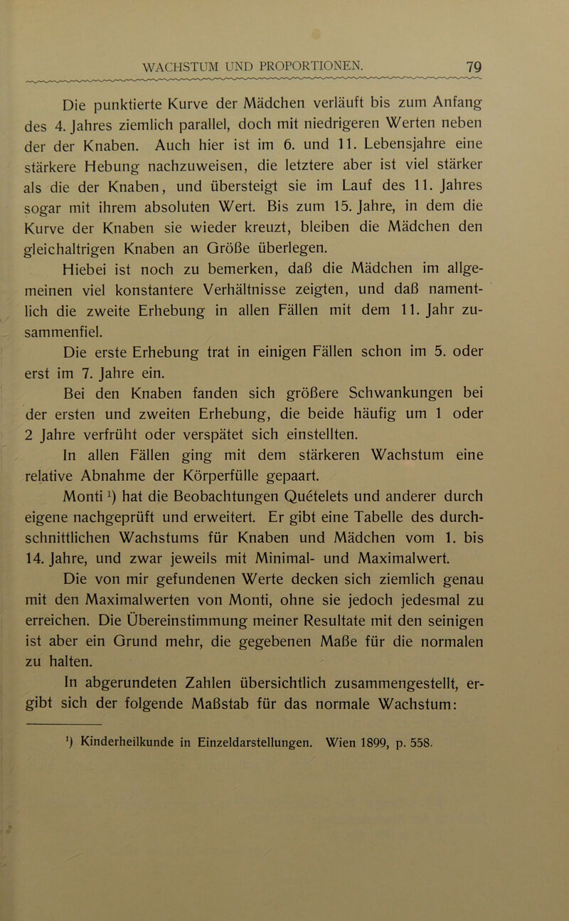 Die punktierte Kurve der Mädchen verläuft bis zum Anfang des 4. Jahres ziemlich parallel, doch mit niedrigeren Werten neben der der Knaben. Auch hier ist im 6. und 11. Lebensjahre eine stärkere Hebung nachzuweisen, die letztere aber ist viel stärker als die der Knaben, und übersteigt sie im Lauf des 11. Jahres sogar mit ihrem absoluten Wert. Bis zum 15. Jahre, in dem die Kurve der Knaben sie wieder kreuzt, bleiben die Mädchen den gleichaltrigen Knaben an Größe überlegen. Hiebei ist noch zu bemerken, daß die Mädchen im allge- meinen viel konstantere Verhältnisse zeigten, und daß nament- lich die zweite Erhebung in allen Fällen mit dem 11. Jahr zu- sammenfiel. Die erste Erhebung trat in einigen Fällen schon im 5. oder erst im 7. Jahre ein. Bei den Knaben fanden sich größere Schwankungen bei der ersten und zweiten Erhebung, die beide häufig um 1 oder 2 Jahre verfrüht oder verspätet sich einstellten. In allen Fällen ging mit dem stärkeren Wachstum eine relative Abnahme der Körperfülle gepaart. Monti 1) hat die Beobachtungen Quetelets und anderer durch eigene nachgeprüft und erweitert. Er gibt eine Tabelle des durch- schnittlichen Wachstums für Knaben und Mädchen vom 1. bis 14. Jahre, und zwar jeweils mit Minimal- und Maximalwert. Die von mir gefundenen Werte decken sich ziemlich genau mit den Maximalwerten von Monti, ohne sie jedoch jedesmal zu erreichen. Die Übereinstimmung meiner Resultate mit den seinigen ist aber ein Grund mehr, die gegebenen Maße für die normalen zu halten. In abgerundeten Zahlen übersichtlich zusammengestellt, er- gibt sich der folgende Maßstab für das normale Wachstum: Kinderheilkunde in Einzeldarstellungen. Wien 1899, p. 558.