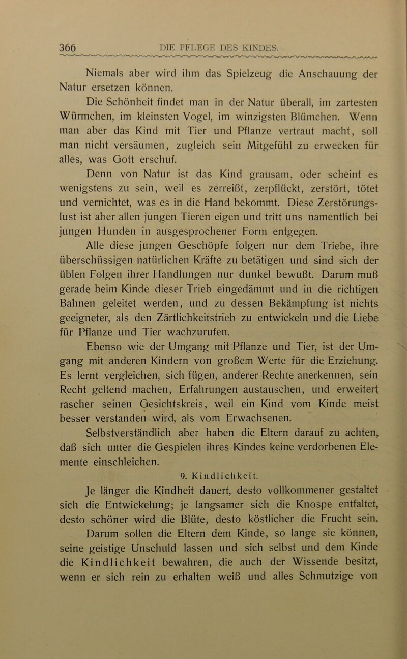 Niemals aber wird ihm das Spielzeug die Anschauung der Natur ersetzen können. Die Schönheit findet man in der Natur überall, im zartesten Würmchen, im kleinsten Vogel, im winzigsten Blümchen. Wenn man aber das Kind mit Tier und Pflanze vertraut macht, soll man nicht versäumen, zugleich sein Mitgefühl zu erwecken für alles, was Gott erschuf. Denn von Natur ist das Kind grausam, oder scheint es wenigstens zu sein, weil es zerreißt, zerpflückt, zerstört, tötet und vernichtet, was es in die Hand bekommt. Diese Zerstörungs- lust ist aber allen jungen Tieren eigen und tritt uns namentlich bei jungen Hunden in ausgesprochener Form entgegen. Alle diese jungen Geschöpfe folgen nur dem Triebe, ihre überschüssigen natürlichen Kräfte zu betätigen und sind sich der üblen Folgen ihrer Handlungen nur dunkel bewußt. Darum muß gerade beim Kinde dieser Trieb eingedämmt und in die richtigen Bahnen geleitet werden, und zu dessen Bekämpfung ist nichts geeigneter, als den Zärtlichkeitstrieb zu entwickeln und die Liebe für Pflanze und Tier wachzurufen. Ebenso wie der Umgang mit Pflanze und Tier, ist der Um- gang mit anderen Kindern von großem Werte für die Erziehung. Es lernt vergleichen, sich fügen, anderer Rechte anerkennen, sein Recht geltend machen, Erfahrungen austauschen, und erweitert rascher seinen Gesichtskreis, weil ein Kind vom Kinde meist » besser verstanden wird, als vom Erwachsenen. Selbstverständlich aber haben die Eltern darauf zu achten, daß sich unter die Gespielen ihres Kindes keine verdorbenen Ele- mente einschleichen. 9. Kindlichkeit. Je länger die Kindheit dauert, desto vollkommener gestaltet sich die Entwickelung; je langsamer sich die Knospe entfaltet, desto schöner wird die Blüte, desto köstlicher die Frucht sein. Darum sollen die Eltern dem Kinde, so lange sie können, seine geistige Unschuld lassen und sich selbst und dem Kinde die Kindlichkeit bewahren, die auch der Wissende besitzt, wenn er sich rein zu erhalten weiß und alles Schmutzige von