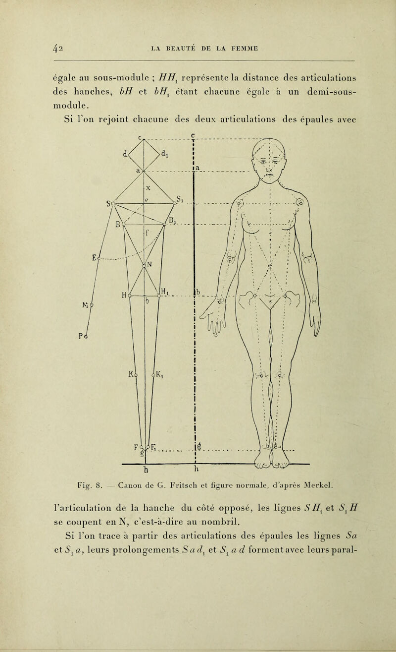 égale au sous-module ; HHi représente la distance des articulations des hanches, 1>H et bH, étant chacune égale à un demi-sous- module. Si l’on rejoint chacune des deux articulations des épaules avec l’articulation de la hanche du côté opposé, les lignes S //, et S^H se coupent en N, c’est-à-dire au nombril. Si l’on trace à partir des articulations des épaules les lignes Sa etS^a, leurs prolongements Sad1 et Sl a d forment avec leurs parai-