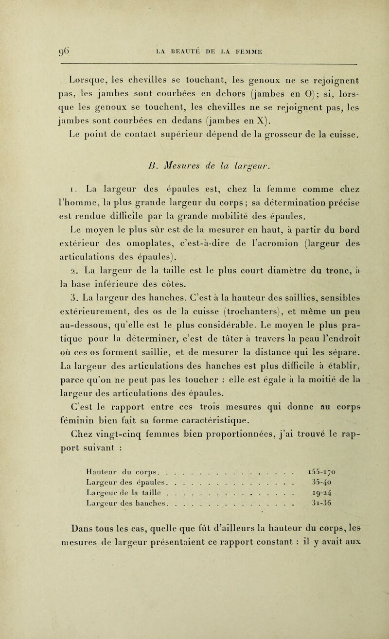 Lorsque, les chevilles se touchant, les genoux ne se rejoignent pas, les jambes sont courbées en dehors (jambes en 0); si, lors- que les genoux se touchent, les chevilles ne se rejoignent pas, les jambes sont courbées en dedans (jambes enX). Le point de contact supérieur dépend de la grosseur de la cuisse. B. Mesures de la largeur. 1. La largeur des épaules est, chez la femme comme chez l’homme, la plus grande largeur du corps; sa détermination précise est rendue difficile par la grande mobilité des épaules. Le moyen le plus sûr est de la mesurer en haut, à partir du bord extérieur des omoplates, c’est-à-dire de l’acromion (largeur des articulations des épaules). 2. La largeur de la taille est le plus court diamètre du tronc, à la base inférieure des côtes. S. La largeur des hanches. C’est à la hauteur des saillies, sensibles extérieurement, des os de la cuisse (trochanters), et même un peu au-dessous, qu’elle est le plus considérable. Le moyen le plus pra- tique pour la déterminer, c’est de tâter à travers la peau l’endroit où ces os forment saillie, et de mesurer la distance qui les sépare. La largeur des articulations des hanches est plus difficile à établir, parce qu’on ne peut pas les toucher : elle est égale à la moitié de la largeur des articulations des épaules. C’est le rapport entre ces trois mesures qui donne au corps féminin bien fait sa forme caractéristique. Chez vingt-cinq femmes bien proportionnées, j’ai trouvé le rap- port suivant : Hauteur du corps i55-i70 Largeur des épaules 35-4o Largeur de la taille 19-24 Largeur des hanches 3i-36 Dans tous les cas, quelle que fut d’ailleurs la hauteur du corps, les mesures de largeur présentaient ce rapport constant : il y avait aux