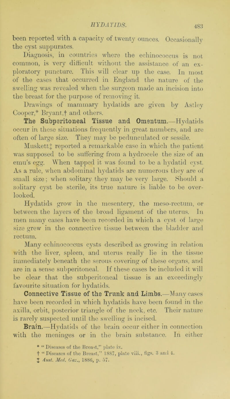 4S3 been reported with a capacity of twenty ounces. Occasionally the cyst suppurates. Diagnosis, in countries where the echinococcus is not common, is very dithcult without the assistance of an ex- ploratory puncture. This will clear up the case. In most of the cases that occurred in England the nature of the swelling was revealed when the surgeon made an incision into the breast for the purpose of removing it. Drawings of mammary hydatids are given by Astley Cooper* Dry ant, f and others. The Subperitoneal Tissue and Omentum.—Hydatids occur in these situations frequently in great numbers, and are often of large size. They may be pedunculated or sessile. Muskettf reported a remarkable case in which the patient was supposed to be suffering from a hydrocele the size of an emu’s egg. When tapped it was found to be a hydatid cyst. xVs a rule, when abdominal hydatids are numerous they are of small size; when solitary they may be very large. Should a solitary cyst be sterile, its true nature is liable to be over- looked. Hydatids grow in the mesentery, the meso-rectum, or between the layers of the broad ligament of the uterus. In men many cases have been recorded in which a cyst of large size <rrew in the connective tissue between the bladder and O rectum. Many echinococcus cysts described as growing in relation with the liver, spleen, and uterus really lie in the tissue immediately beneath the serous covering of these organs, and are in a sense subperitoneal. If these cases be included it will be clear that the subperitoneal tissue is an exceedingly favourite situation for hydatids. Connective Tissue of the Trunk and Limbs.—Many cases have been recorded in which hydatids have been found in the axilla, orbit, posterior triangle of the neck, etc. Their nature is rarely suspected until the swelling is incised. Brain.—Hydatids of the brain occur either in connection with the meninges or in the brain substance. In either * “ Diseases of the Breast,” plate ix. f “ Diseases of the Breast,” 18S7, plate viii., figs. 3 and 4. + dust. Med. Gaz„ 1886, p. 67.