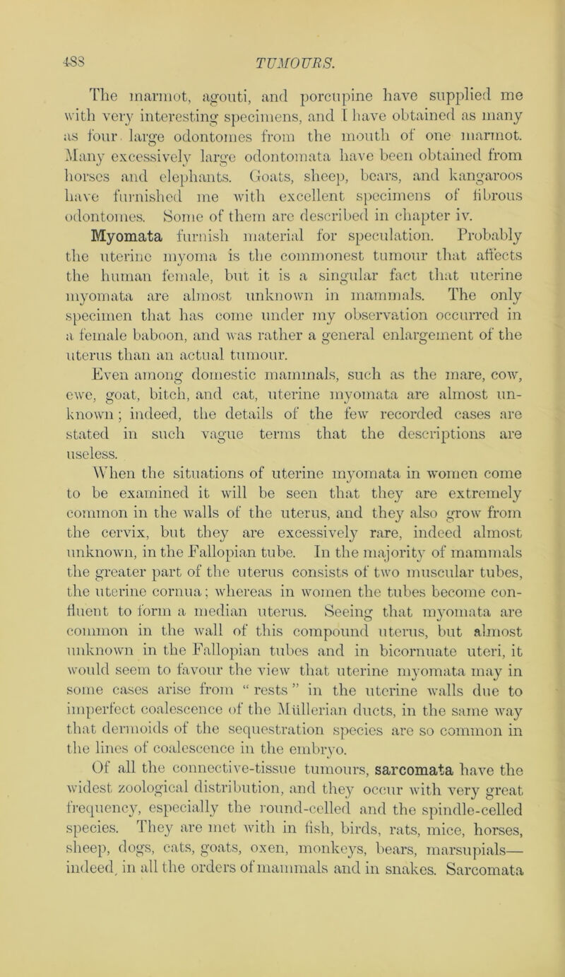 The marmot, agouti, and porcupine have supplied me with very interesting specimens, and 1 have obtained as many as four large odontomes from the mouth ot one marmot. Many excessively large odontomata have been obtained from horses and elephants. Goats, sheep, bears, and kangaroos have furnished me with excellent specimens of fibrous odontomes. Some of them are described in chapter iv. Myomata furnish material for speculation. Probably the uterine myoma is the commonest tumour that affects the human female, but it is a singular fact that uterine myomata are almost unknown in mammals. The only specimen that has come under my observation occurred in a female baboon, and was rather a general enlargement of the uterus than an actual tumour. Even among domestic mammals, such as the mare, cowr, ewe, goat, bitch, and cat, uterine myomata are almost un- known ; indeed, the details of the few recorded cases are stated in such vague terms that the descriptions are useless. When the situations of uterine myomata in women come to be examined it will be seen that they are extremely common in the walls of the uterus, and they also grow from the cervix, but they are excessively rare, indeed almost unknown, in the Fallopian tube. In the majority of mammals the greater part of the uterus consists of two muscular tubes, the uterine cornua; whereas in women the tubes become con- fluent to form a median uterus. Seeing that myomata are common in the wall of this compound uterus, but almost unknown in the Fallopian tubes and in bicornuate uteri, it woidd seem to favour the view that uterine myomata may in some cases arise from “ rests ” in the uterine walls due to imperfect coalescence of the Mullerian ducts, in the same way that dermoids of the sequestration species are so common in the lines of coalescence in the embryo. Of all the connective-tissue tumours, sarcomata have the widest zoological distribution, and they occur with very great frequency, especially the round-celled and the spindle-celled species. They are met with in fish, birds, rats, mice, horses, sheep, dogs, cats, goats, oxen, monkeys, bears, marsupials— indeed, in all the orders of mammals and in snakes. Sarcomata
