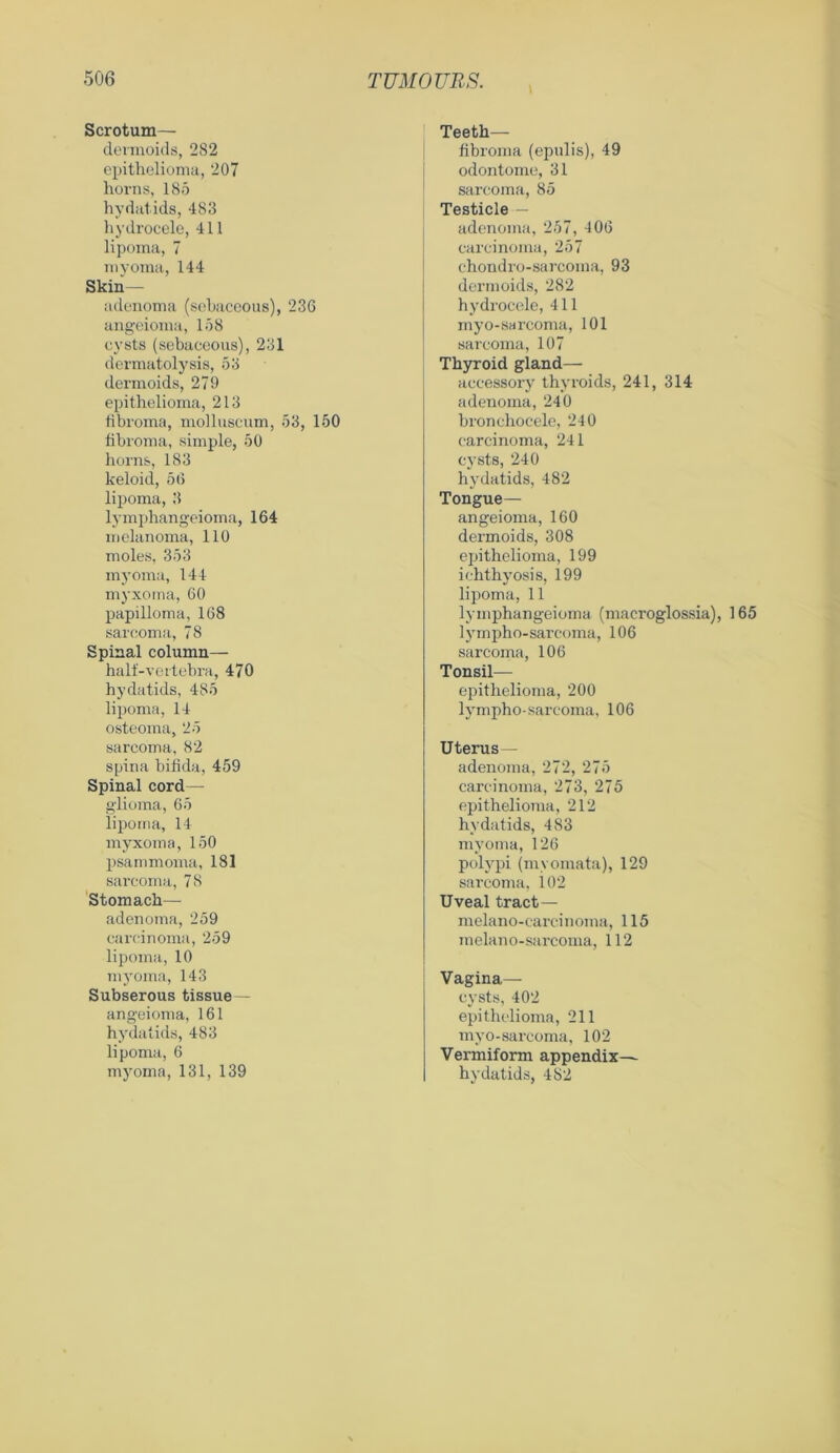 Scrotum— dermoids, 282 epithelioma, 207 horns, 185 hydatids, 483 hydrocele, 411 lipoma, 7 myoma, 144 Skin— adenoma (sebaceous), 236 angeioma, 158 cysts (sebaceous), 231 dermatolysis, 53 dermoids, 279 epithelioma, 213 tibroma, molluscum, 53, 150 fibroma, simple, 50 horns, 183 keloid, 56 lipoma, 3 lymphangeioma, 164 melanoma, 110 moles, 353 myoma, 144 myxoma, 60 papilloma, 168 sarcoma, 78 Spinal column— halt-vertebra, 470 hydatids, 485 lipoma, 14 osteoma, 25 sarcoma, 82 spina bifida, 459 Spinal cord— glioma, 65 lipoma, 14 myxoma, 150 psammoma, 181 sarcoma, 78 Stomach— adenoma, 259 carcinoma, 259 lipoma, 10 myoma, 143 Subserous tissue— angeioma, 161 hydatids, 483 lipoma, 6 myoma, 131, 139 Teeth— fibroma (epulis), 49 odontome, 31 sarcoma, 85 Testicle — adenoma, 257, 406 carcinoma, 257 chondro-sarcoma, 93 dermoids, 282 hydrocele, 411 myo-sarcoma, 101 sarcoma, 107 Thyroid gland- accessory thyroids, 241, 314 adenoma, 240 bronchocele, 240 carcinoma, 241 cysts, 240 hydatids, 482 Tongue— angeioma, 160 dermoids, 308 epithelioma, 199 ichthyosis, 199 lipoma, 11 lymphangeioma (macroglossia), 165 lympho-sarcoma, 106 sarcoma, 106 Tonsil— epithelioma, 200 lympho-sarcoma, 106 Uterus— adenoma, 272, 275 carcinoma, 273, 275 epithelioma, 212 hydatids, 483 myoma, 126 polypi (myomata), 129 sarcoma, 102 Uveal tract— melano-carcinoma, 115 inelano-sarcoma, 112 Vagina— cysts, 402 epithelioma, 211 myo-sarcoma, 102 Vermiform appendix- hydatids, 482