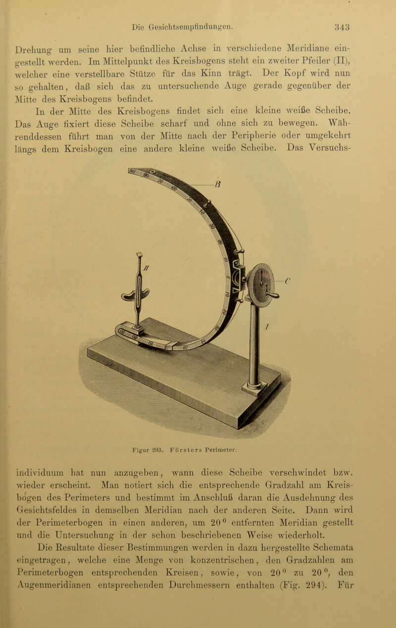 Drehung um seine hier befindliche Achse in verschiedene Meridiane ein- gestellt werden. Im Mittelpunkt des Kreisbogens steht ein zweiter Pfeiler (II), welcher eine verstellbare Stütze für das Kinn trägt. Der Kopf wird nun so gehalten, daß sich das zu untersuchende Auge gerade gegenüber der Mitte des Kreisbogens befindet. In der Mitte des Kreisbogens findet sich eine kleine weiße Scheibe. Das Auge fixiert diese Scheibe scharf und ohne sich zu bewegen. Wäh- renddessen führt man von der Mitte nach der Peripherie oder umgekehrt läns’s dem Kreisbogen eine andere kleine weiße Scheibe. Das Versuchs- O O Figur 293. Försters Perimeter. individuum hat nun anzugeben, wann diese Scheibe verschwindet bzw. wieder erscheint. Man notiert sich die entsprechende Gradzahl am Kreis- bogen des Perimeters und bestimmt im Anschluß daran die Ausdehnung des Gesichtsfeldes in demselben Meridian nach der anderen Seite. Dann wird der Perimeterbogen in einen anderen, um 20° entfernten Meridian gestellt und die Untersuchung in der schon beschriebenen Weise wiederholt. Die Resultate dieser Bestimmungen werden in dazu hergestellte Schemata eingetragen, welche eine Menge von konzentrischen, den Gradzahlen am Perimeterbogen entsprechenden Kreisen, sowie, von 200 zu 20 °, den Augenmeridianen entsprechenden Durchmessern enthalten (Fig. 294). Für