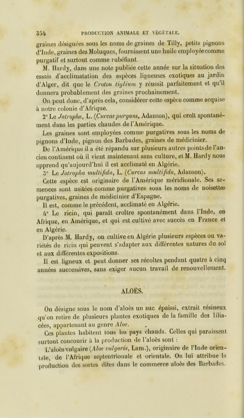 graines désignées sous les noms de graines de Tilly, petits pignons d’Inde, graines desMoluques, fournissent une huile employée comme purgatif et surtout comme rubéfiant. M. Hardy, dans une note publiée cette année sur la situation des essais d’acclimatation des espèces ligneuses exotiques au jardin d’Alger, dit que le Croton tiglium y réussit parfaitement et qu’il donnera probablement des graines prochainement. On peut donc, d’après cela, considérer cette espèce comme acquise à notre colonie d’Afrique. 2” Le Jatro'pha, L. {Cvrcas purgans, Adanson), qui croît spontané- ment dans les parties chaudes de l’Amérique. Les graines sont employées comme purgatives sous les noms de pignons d’Inde, pignon des Barbades, graines de médicinier. De l’Amérique il a été répandu sur plusieurs autres points de l’an- cien continent où il vient maintenant sans culture, etM. Hardy nous apprend qu’aujourd’hui il est acclimaté en Algérie. 3 Le Jatropha multifida, L. {Cnrcas multifida, Adanson). Cette espèce est originaire de l’Amérique méridionale. Ses se- mences sont usitées comme purgatives sous les noms de noisettes purgatives, graines de médicinier d’Espagne, Il est, comme le précédent, acclimaté en Algérie. a® Le ricin, qui paraît croître spontanément dans l’Inde, en Afrique, en Amérique, et qui est cultivé avec succès en France et en Algérie. D’après M. Hardy, on cultive en Algérie plusieurs espèces ou va- riétés de ricin qui peuvent s’adapter aux différentes natures du sol et aux différentes expositions. Il est ligneux et peut donner ses récoltes pendant quatre à cinq années successives, sans exiger aucun travail de renouvellement. ALOÉS. On désigne sous le nom d’aloès un suc épaissi, extrait résineux qu’on relire de plusieurs plantes exotiques de la famille des lilia- cées, appartenant au genre Aloe. Ces plantes habitent tous les pays chauds. Celles qui paraissent surtout concourir à la production de l’aloès sont : L’aloès vulgaire {Aloe vulgaris, Lam.), originaire de l’Inde orien- tale, de l’Afrique septentrionale et orientale. On lui attribue la production des sortes dites dans le commerce aloès des Barbades.