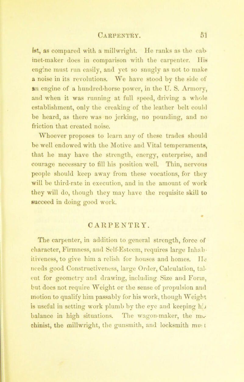 Cari^enttiy. 61 1st, as compared with a millwright. He ranks as the cab- inet-maker does in compaiison Avith the carpenter. His engine must run easily, and yet so snugly as not to make a noise in its revolutions. We have stood by the side of an engine of a hundred-horse power, in the U. S. Armory, and when it was running at full speed, driving a whole establishment, only the creaking of the leather belt could be heard, as there was no jerking, no pounding, and no friction that created noise. Whoever proiDoscs to learn any of these trades should be well endowed with the Motive and Vital temperaments, that he may have the strength, energy, enter])rise, and courage necessary to fill his position Avell. Thin, nervous people should keep away from these vocations, for they will be tliird-rate in execution, and in the amount of work they will do, though they may have the requisite skill to succeed in doing good work. CARPENTRY. The carpenter, in addition to general strength, force of character. Firmness, and Self-Esteem, requires large Inha.b- itiveuess, to give him a relish for houses and homes. He needs good Con.structiveness, large Order, Calculation, tal- ent for geometry and drawing, including Size and Form, but does not require Weight or the sense of propulsion and motion to qualify him passably for his work, though Weight is useful in setting work plumb by the eye and keeping h; j balance in high situations. The Avagon-maker, the lu).- chinist, the millwright, the gunsmith, and locksmith mm (