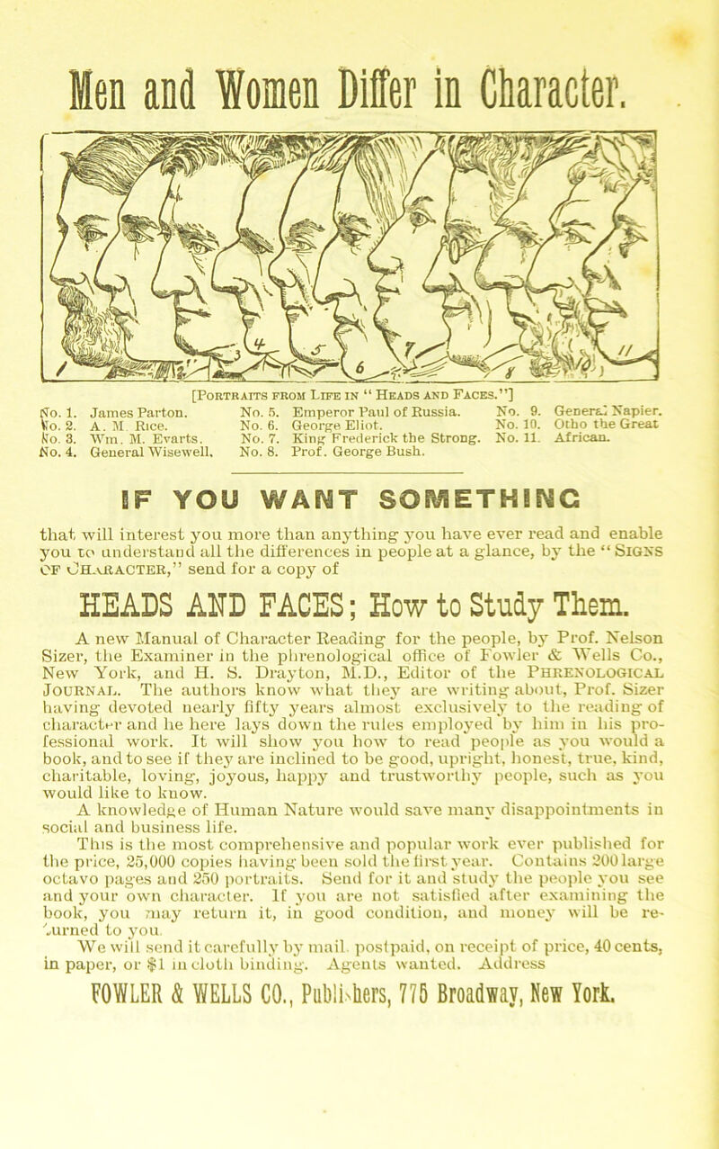 [PORTKAITS PROM LIFE IN “ HkADS AND FACES.”] tfo. 1. James Parton. No. 5. Emperor Paul of Russia. No. 9. Generai Napier. Vlo. 2. A. M Rice. No. 6. George. Eliot. No. 10. Otho the Great (Jo. 3. Win. M. Evarts. No. 7. King Frederick the Strong. No. 11. African. No. 4. General Wisewell. No. 8. Prof. George Bush. BF YOU WANT SOMETHING that will interest you more than anything you have ever read and enable you to understand all the differences in people at a glance, by the “Signs OF Oh.vRacter,” send for a cojiy of HEADS AND FACES; How to Study Them. A new Manual of Character Reading for the people, by Prof. Nelson Sizer, the Examiner in the phrenological office of Fowler & Wells Co., New York, and H. S. Drayton, M.D., Editor of the Phrenological Journal. The authors know what they are writing about, Prof. Sizer having devoted nearly fifty years almost exclusively to the reading of charactf-r and he here lays down the rules employed by him in his pro- fessional work. It will show you how to read people as you would a book, and to see if thej' are inclined to be good, upright, honest, true, kind, charitable, loving, joyous, happy and trustworthy people, such as you would like to know. A knowledge of Human Nature would save many disappointments in social and business life. This is the most comprehensive and popular work ever publi.«lied for the price, 25,000 copies liavingbeen sold the first year. Contains 200 large octavo pages and 250 jiortraits. Send for it and study the people you see and your own character. If you are not satisfied after examining the book, you may return it, in good condition, and money will be re- ^„urned to you We will send it carefully by mail, postpaid, on receipt of price, 40 cents, in paper, or $1 ui cloth binding. Agents wanted. Addi’ess