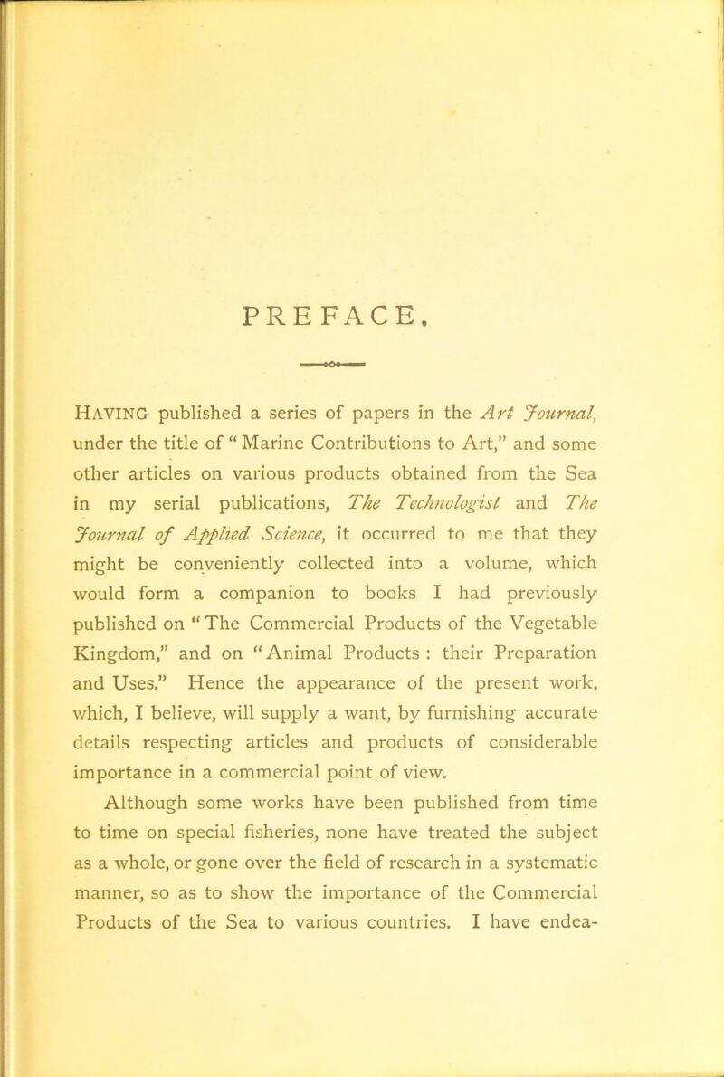 PREFACE Having published a series of papers in the Art Journal, under the title of “ Marine Contributions to Art,” and some other articles on various products obtained from the Sea in my serial publications, The Technologist and The Journal of Applied Science, it occurred to me that they might be conveniently collected into a volume, which would form a companion to books I had previously published on “The Commercial Products of the Vegetable Kingdom,” and on “Animal Products : their Preparation and Uses.” Hence the appearance of the present work, which, I believe, will supply a want, by furnishing accurate details respecting articles and products of considerable importance in a commercial point of view. Although some works have been published from time to time on special fisheries, none have treated the subject as a whole, or gone over the field of research in a systematic manner, so as to show the importance of the Commercial Products of the Sea to various countries. I have endea-