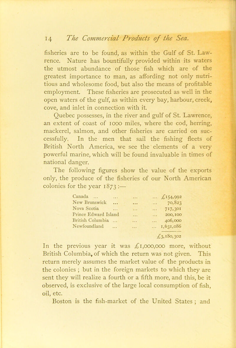 fisheries are to be found, as within the Gulf of St. Law- rence. Nature has bountifully provided within its waters the utmost abundance of those fish which are of the greatest importance to man, as affording not only nutri- tious and wholesome food, but also the means of profitable employment. These fisheries are prosecuted as well in the open waters of the gulf, as within every bay, harbour, creek, cove, and inlet in connection with it. Quebec possesses, in the river and gulf of St. Lawrence, an extent of coast of looo miles, where the cod, herring, mackerel, salmon, and other fisheries are carried on suc- cessfully. In the men that sail the fishing fleets of British North America, we see the elements of a very powerful marine, which will be found invaluable in times of national danger. The following figures show the value of the exports only, the produce of the fisheries of our North American colonies for the year 1873 :— Canada ... - PSA,99^ New Bninswick • •• 70,823 Nova Scotia ... 717.301 Prince Edward Island 200,100 British Columbia ... 406,000 Newfoundland ... 1,631,086 ;,C3, 180,302 In the previous year it was 1,000,000 more, without British Columbia, of which the return was not given. This return merely assumes the market value of the products in the colonies ; but in the foreign markets to which they are sent they will realize a fourth or a fifth more, and this, be it observed, is exclusive of the large local consumption of fish, oil, etc. Boston is the fish-market of the United States ; and