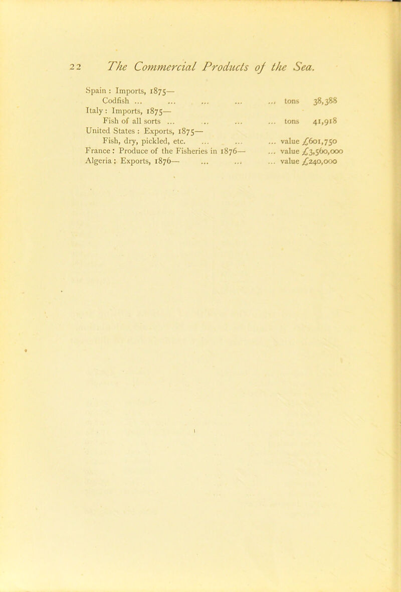 Spain : Imports, 1875— Codfish ... Italy : Imports, 1875— Fish of all sorts ... United States : Exports, 1875— Fish, dry, pickled, etc. France : Produce of the Fisheries in 1876— Algeria; Exports, 1876— ... tons 38,388 ... tons 41,918 ... value ^^601,750 ... value ;^3,560,000 ... value ;^240,000