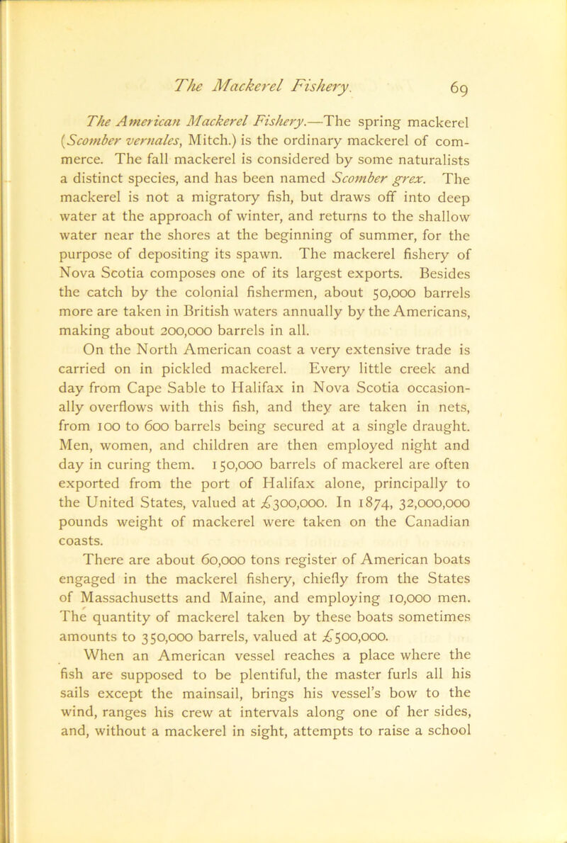 The American Mackerel Fishery.—The spring mackerel {Scomber vernales, Mitch.) is the ordinary mackerel of com- merce. The fall mackerel is considered by some naturalists a distinct species, and has been named Scomber grex. The mackerel is not a migratory fish, but draws off into deep water at the approach of winter, and returns to the shallow water near the shores at the beginning of summer, for the purpose of depositing its spawn. The mackerel fishery of Nova Scotia composes one of its largest exports. Besides the catch by the colonial fishermen, about 50,000 barrels more are taken in British waters annually by the Americans, making about 200,000 barrels in all. On the North American coast a very extensive trade is carried on in pickled mackerel. Every little creek and day from Cape Sable to Halifax in Nova Scotia occasion- ally overflows with this fish, and they are taken in nets, from 100 to 600 barrels being secured at a single draught. Men, women, and children are then employed night and day in curing them. 150,000 barrels of mackerel are often exported from the port of Halifax alone, principally to the United States, valued at £100,000. In 1874, 32,000,000 pounds weight of mackerel were taken on the Canadian coasts. There are about 60,000 tons register of American boats engaged in the mackerel fishery, chiefly from the States of Massachusetts and Maine, and employing 10,000 men. The quantity of mackerel taken by these boats sometimes amounts to 350,000 barrels, valued at ;^500,000. When an American vessel reaches a place where the fish are supposed to be plentiful, the master furls all his sails except the mainsail, brings his vessel’s bow to the wind, ranges his crew at intervals along one of her sides, and, without a mackerel in sight, attempts to raise a school