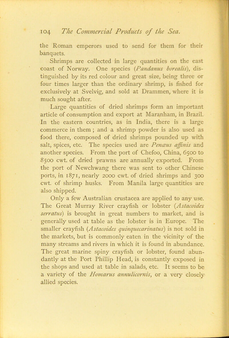 the Roman emperors used to send for them for their banquets. Shrimps are collected in large quantities on the east coast of Norway. One species {Paiidanus boreatis), dis- tinguished by its red colour and great size, being three or four times larger than the ordinary shrimp, is fished for exclusively at Svelvig, and sold at Drammen, where it is much sought after. Large quantities of dried shrimps form an important article of consumption and export at Maranham, in Brazil. In the eastern countries, as in India, there is a large commerce in them ; and a shrimp powder is also used as food there, composed of dried shrimps pounded up with salt, spices, etc. The species used are Penceus affinis and another species. From the port of Chefoo, China, 6500 to 8500 cwt. of dried prawns are annually exported. From the port of Newchwang there was sent to other Chinese ports, in 1871, nearly 2000 cwt. of dried shrimps and 300 cwt. of shrimp husks. From Manila large quantities are also shipped. Only a few Australian Crustacea are applied to any use. The Great Murray River crayfish or lobster {Astacoides serratus) is brought in great numbers to market, and is generally used at table as the lobster is in Europe. The smaller crayfish (Astacoides quinquecarmatiis') is not sold in the markets, but is commonly eaten in the vicinity of the many streams and rivers in which it is found in abundance. The great marine spiny crayfish or lobster, found abun- dantly at the Port Phillip Head, is constantly exposed in the shops and used at table in salads, etc. It seems to be a variety of the Honianis annulicornis, or a very closely allied species.